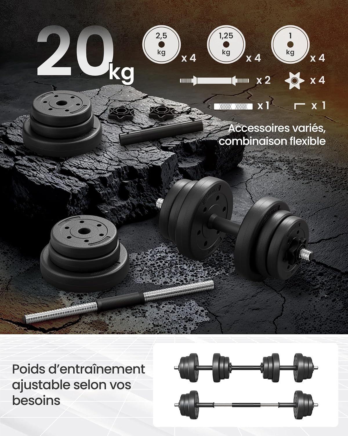 Detalle de SONGMICS SYL20HBKV1 2-in-1 verstelbare halterset, 20 kg