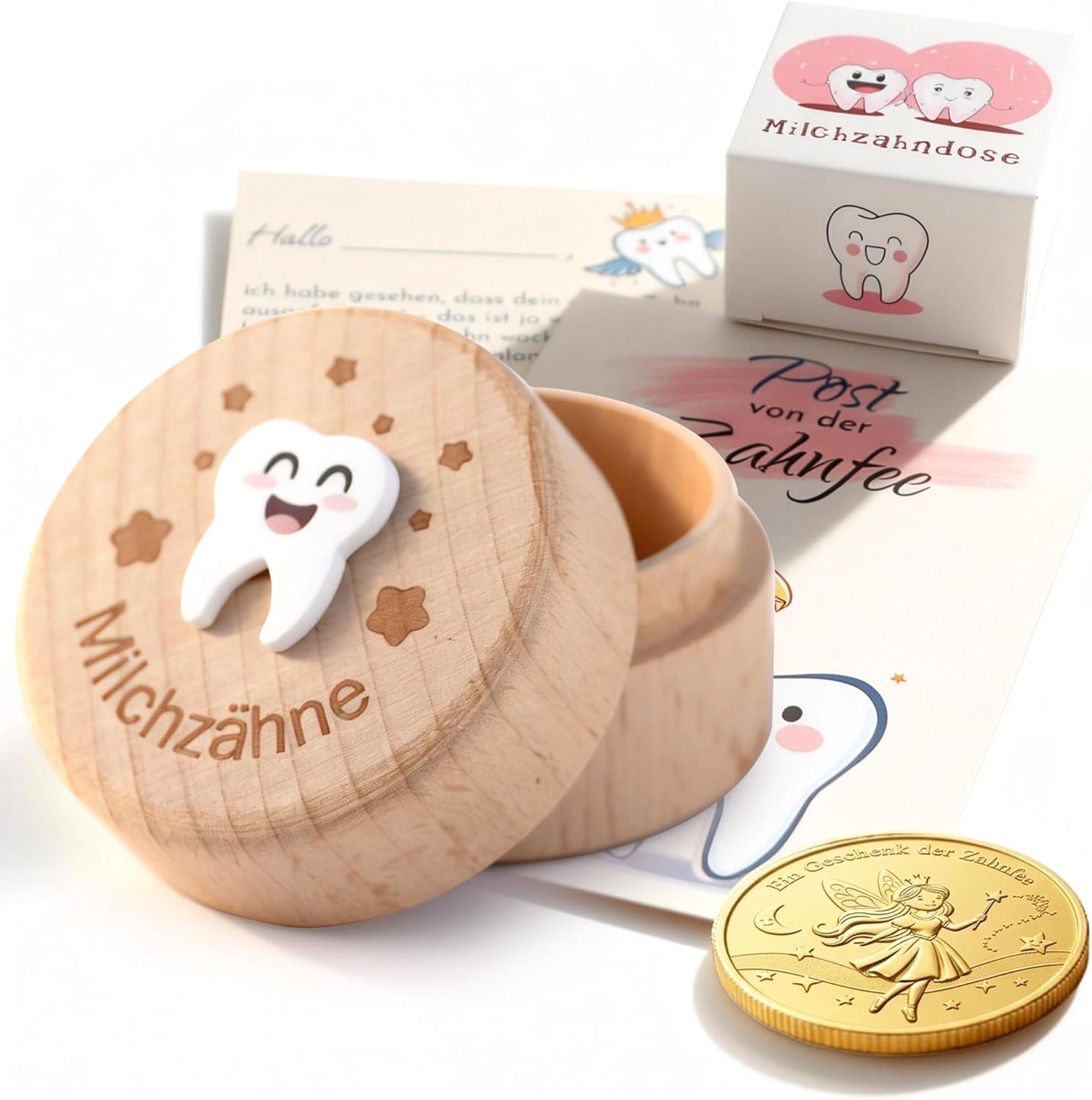 Gzxhsy Zahndose mit Zahnfee-Münzen und Brief aus Holz – Milchzahn-Erinnerungsgeschenk für Kinder