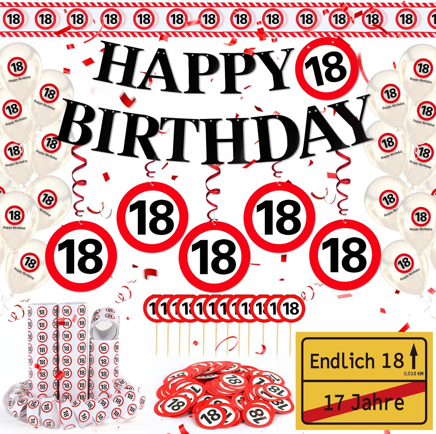 Detalle de WenmthG 18. Geburtstag Deko-Set mit Banner, Verkehrszeichen, Luftballons, Konfetti und Absperrband