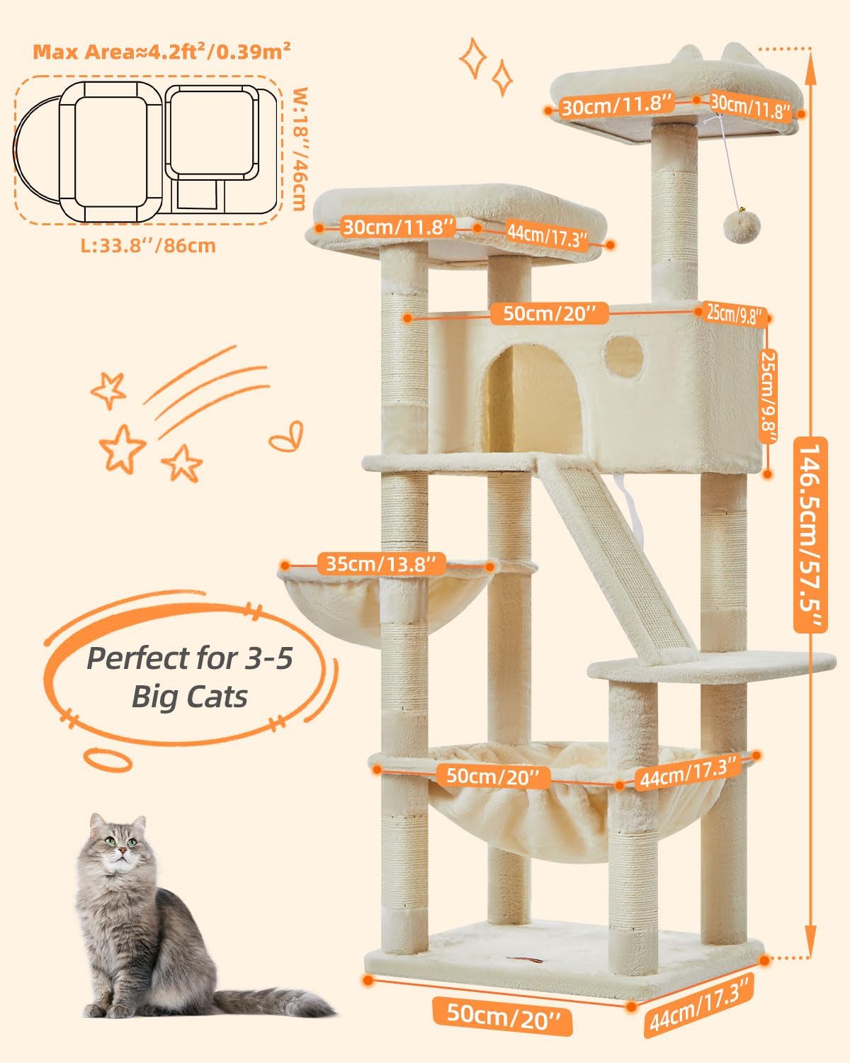 Detalle 2 de Taoqimiao 146cm Cat Tree (MS026M) with 8 Sisal Scratching Posts, Hammock & 2 Top Perches