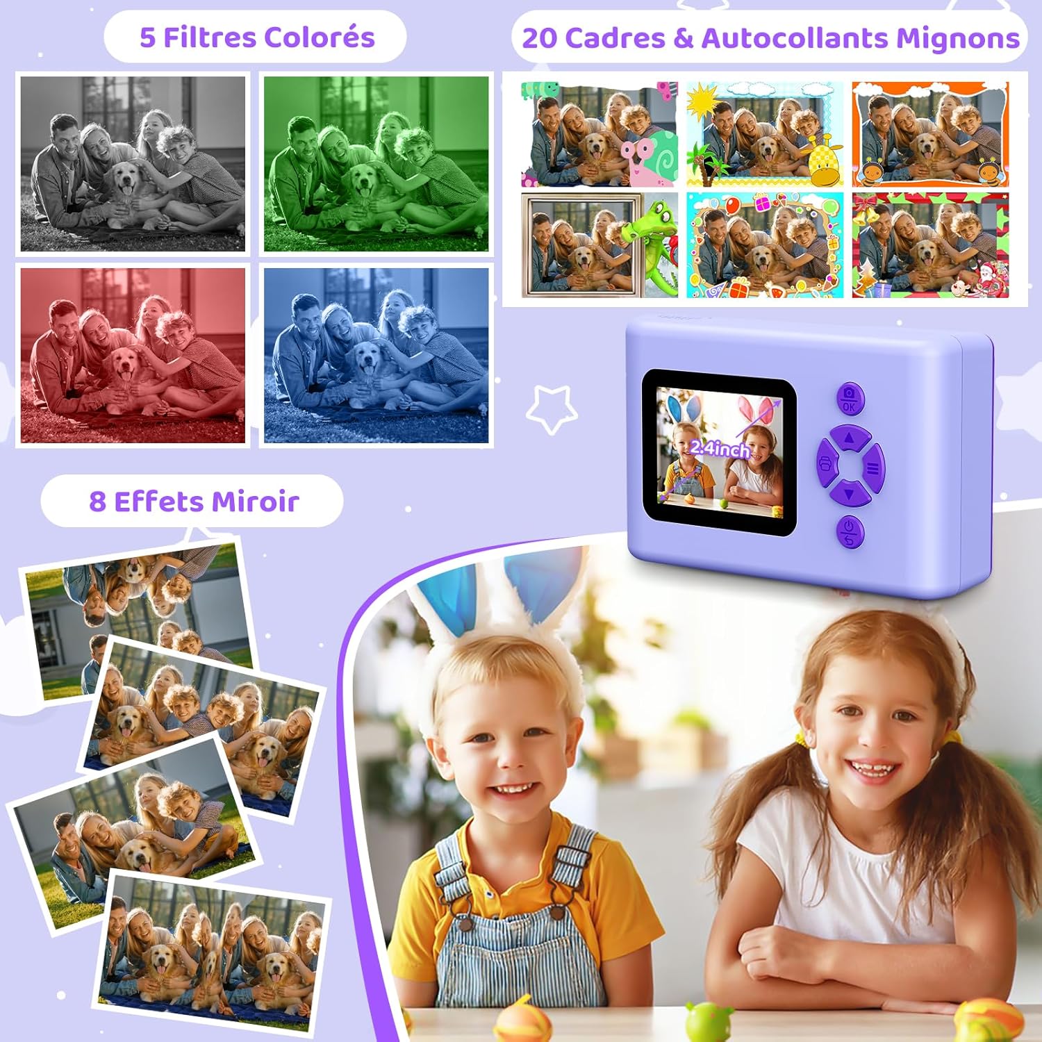 Thumbnail 5 de Appareil photo instantané enfant CHAKEYAKE 20 MP, écran 2,4 pouces et impression thermique (violet)
