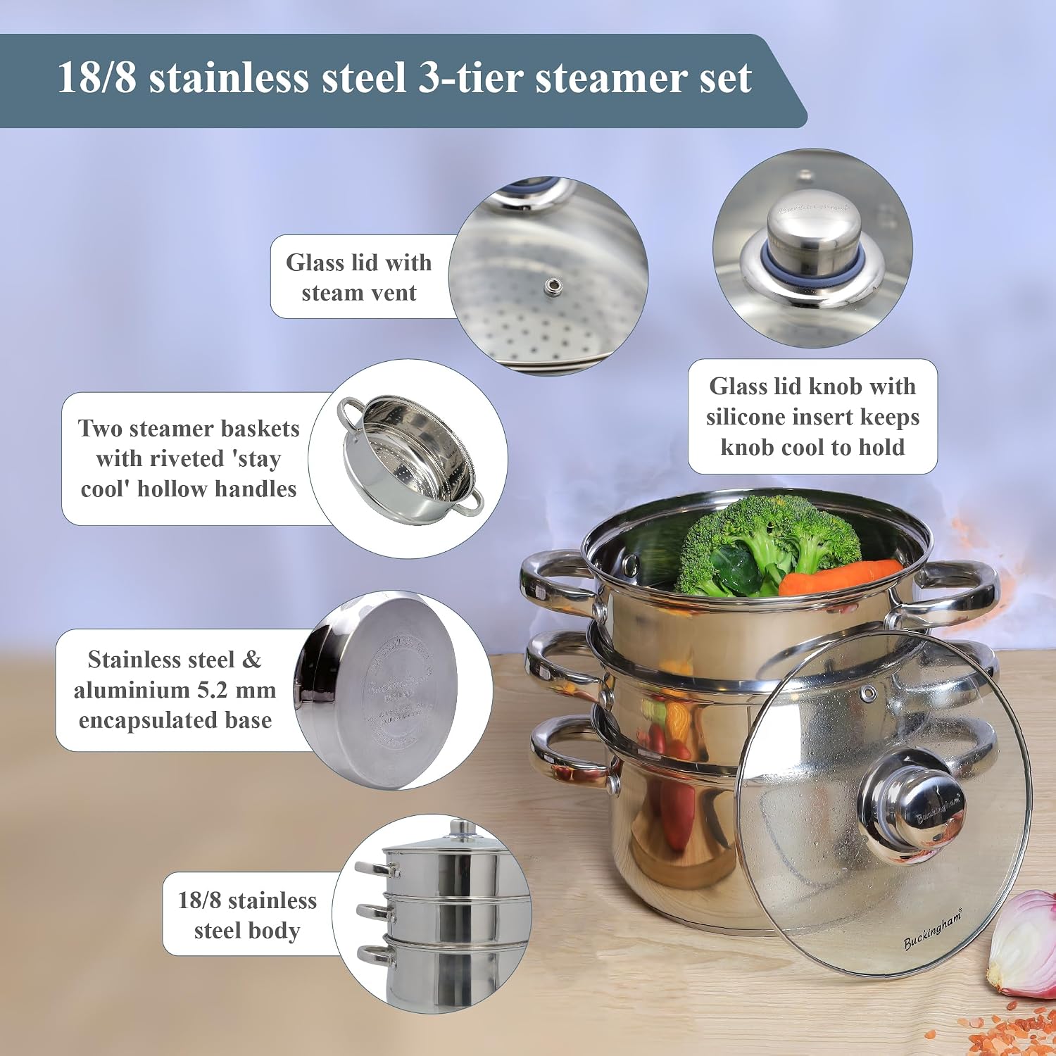 Detalle de Buckingham 3 Tier Premier Steamer Set with Glass Lid (18 cm) – Polished Mirror Stainless Steel, Induction Compatible