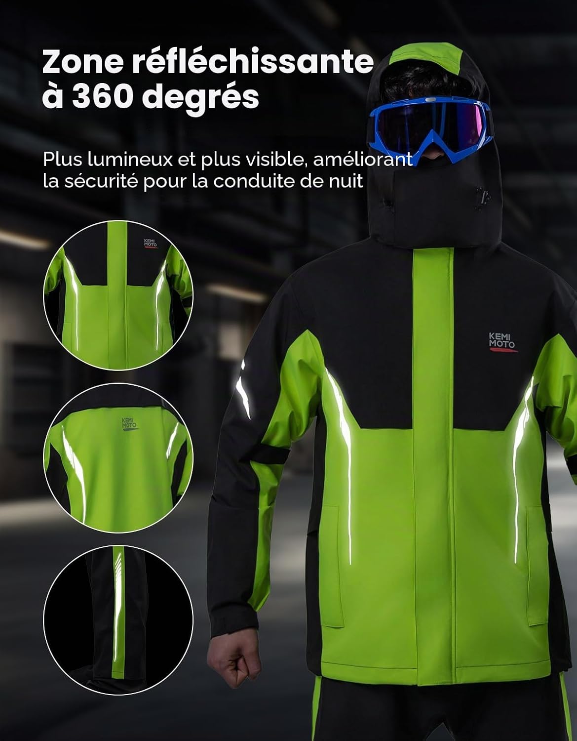 Detalle de KEMIMOTO Combinaison de Pluie Moto Homme — 20000 mm H₂O, respirante, réfléchissante et légère