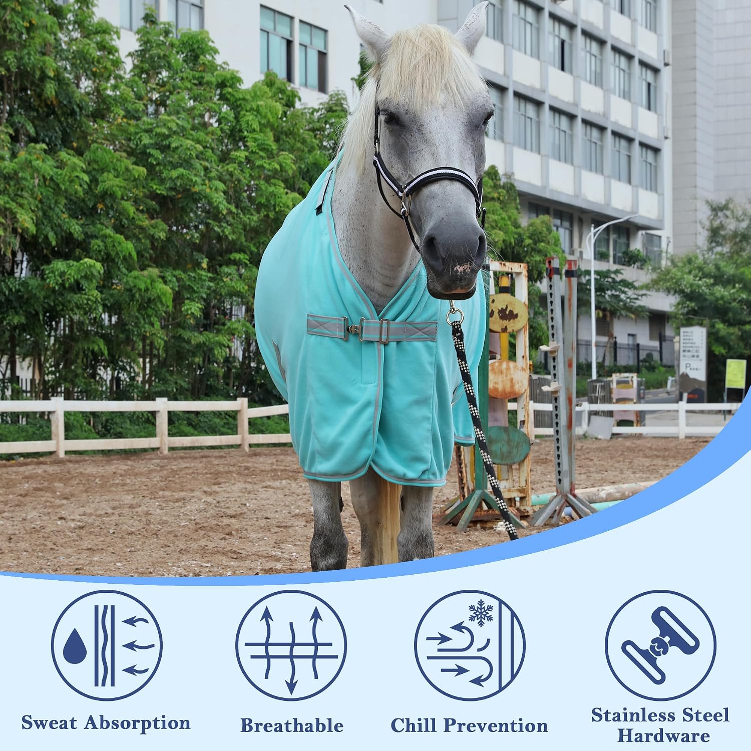 Detalle de Fleece Horse Rug – Breathable Moisture-Wicking Cooler Rug with Adjustable Neck (Mint Green, 6'3")