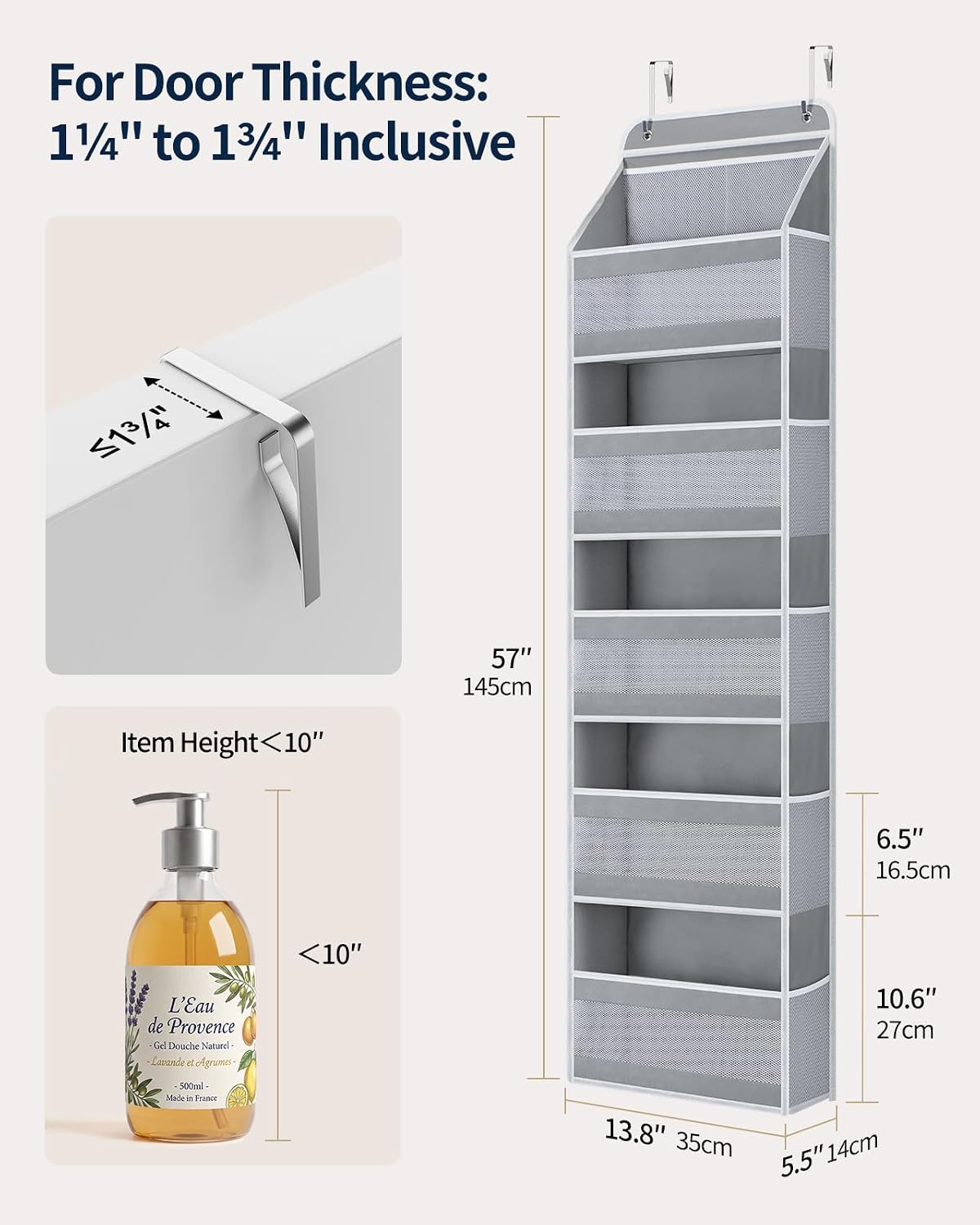 Detalle 2 de Yecaye SDHB00303YCY 5-Tier Over-the-Door Organizer, Grey, Mesh Pockets