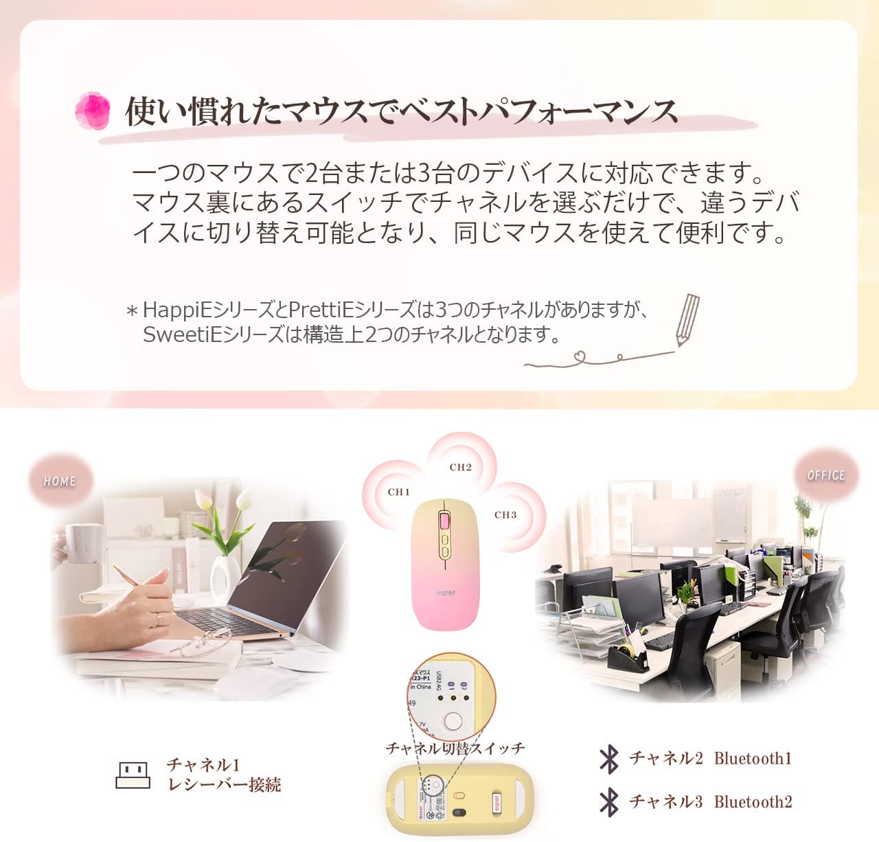Detalle de egret PrettiE EM23-P3 ワイヤレスマウス 萌黄 3台切替・静音・3段階DPI