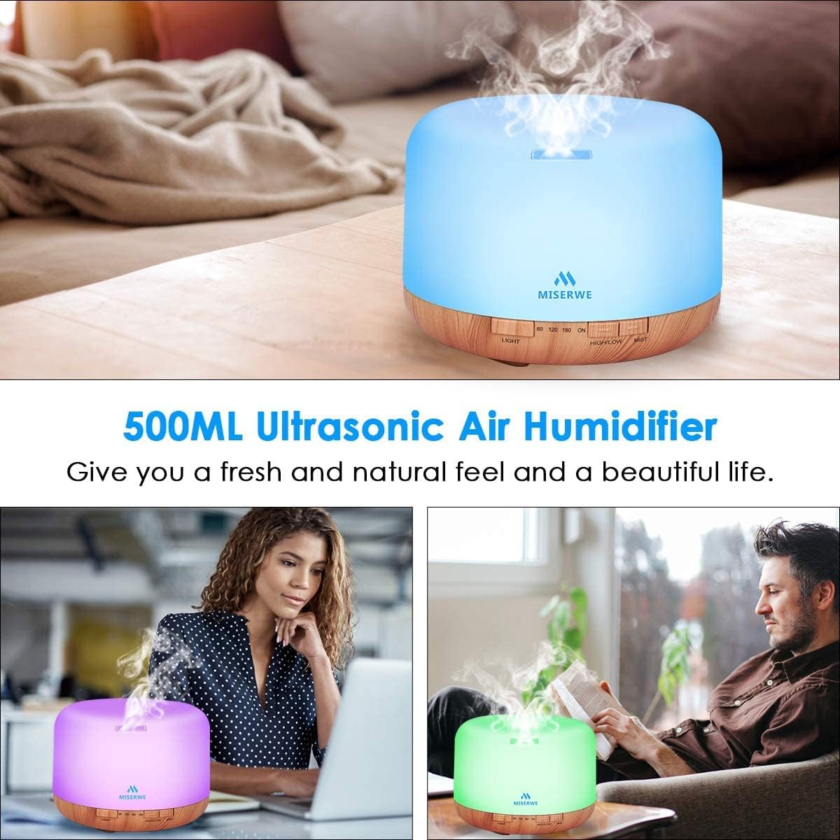 Detalle de MISERWE YX-168 500 mL Essential Oil Diffuser with Remote and 7-Colour LED