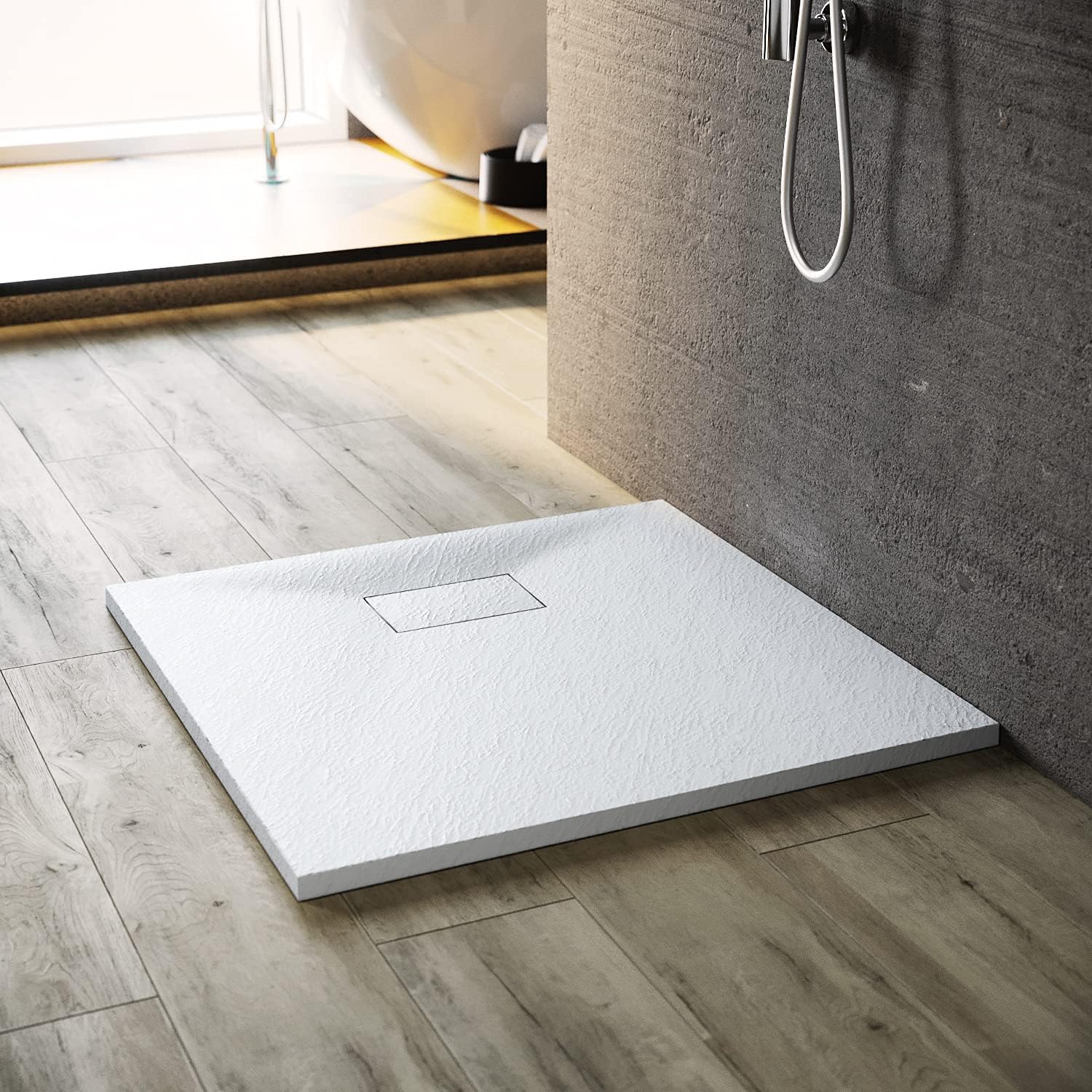 SONNI Duschwanne 80x80 cm – Schieferoptik, rutschfest, Slimline 30 mm mit verstecktem Ablauf