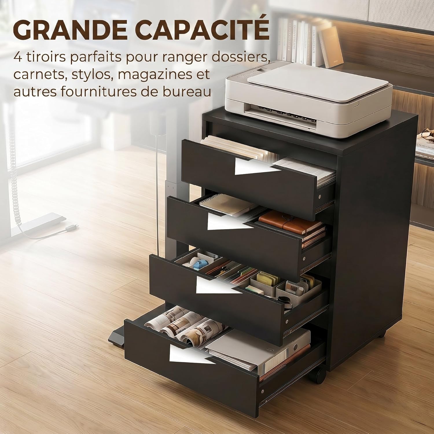 Detalle de Caisson de bureau HOMCOM – rangement sur roulettes, 4 tiroirs coulissants en bois, noir