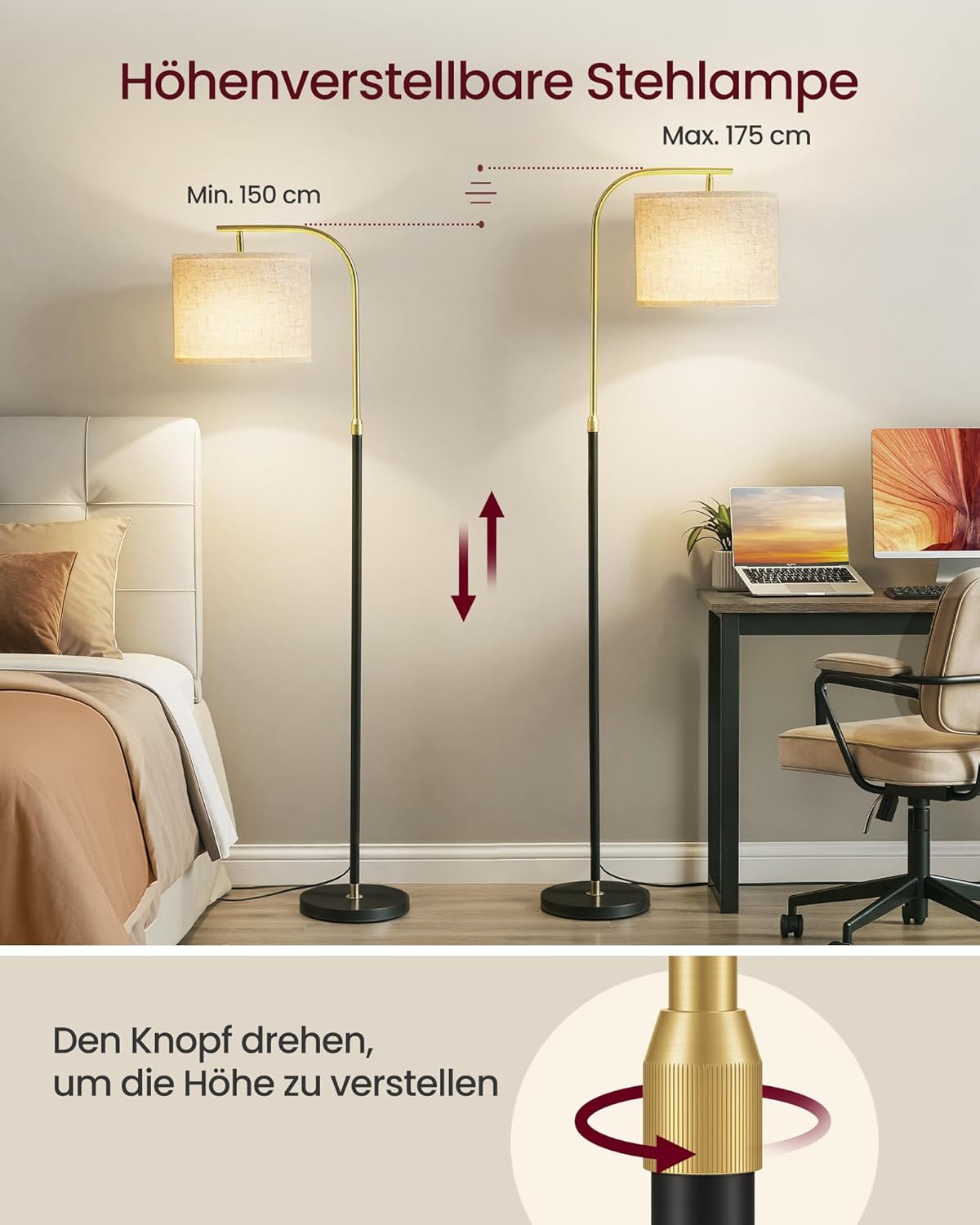 Thumbnail 3 de VASAGLE Stehleuchte LFL006BD02 – Bogenlampe, höhenverstellbar, Stoffschirm, 150–175 cm, matt-schwarz