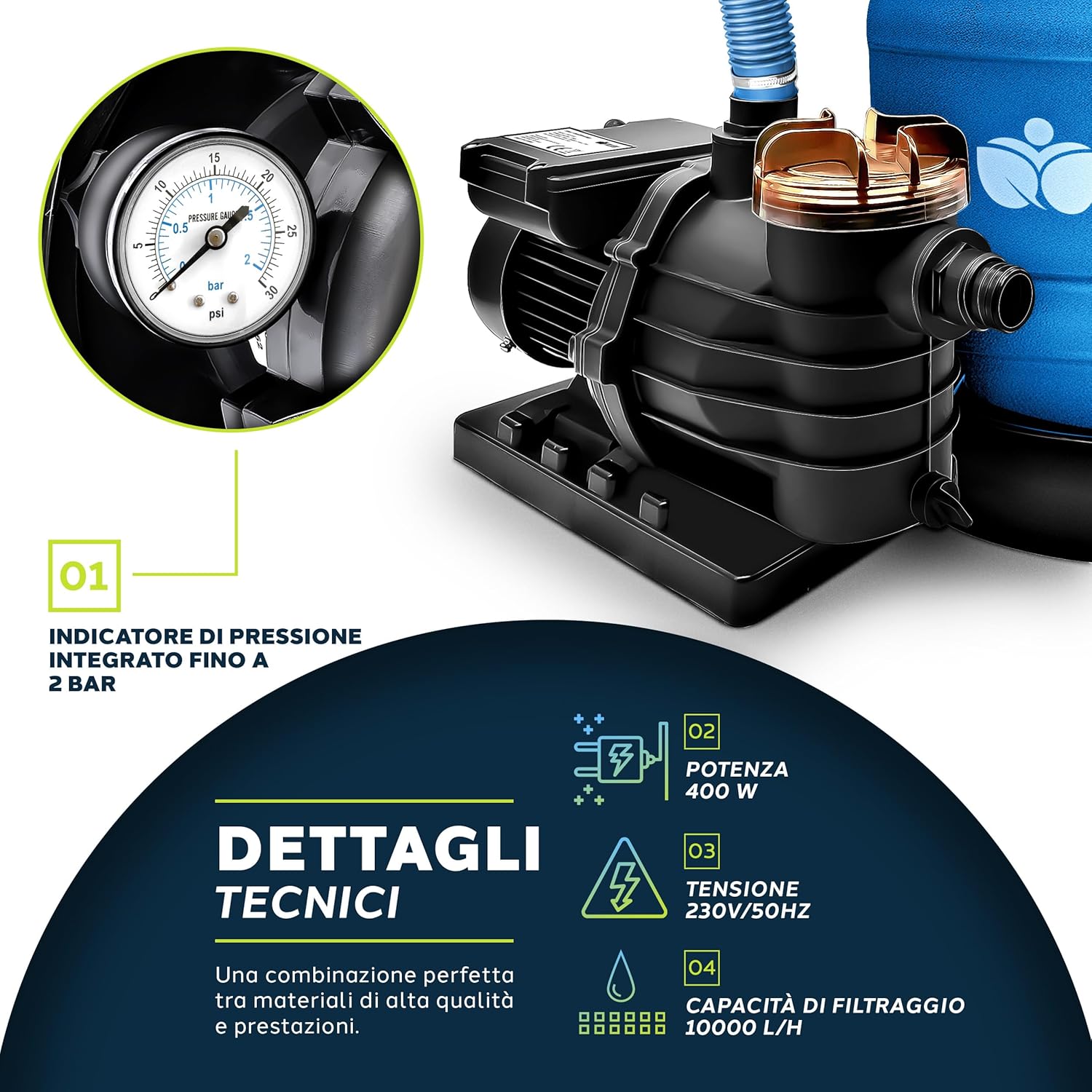 Thumbnail 4 de Pompa filtro per piscina tillvex portata 10 m³/h con valvola a 7 vie e 800 g di balls