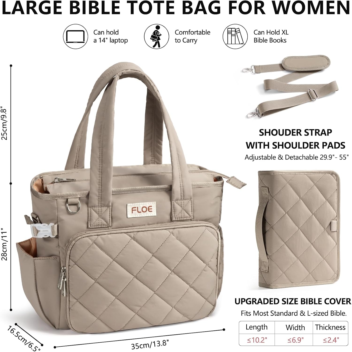 Detalle de FLOE Large Bible Tote Bag with Study Kit, Quilted Oatmeal, 14-Inch Sleeve
