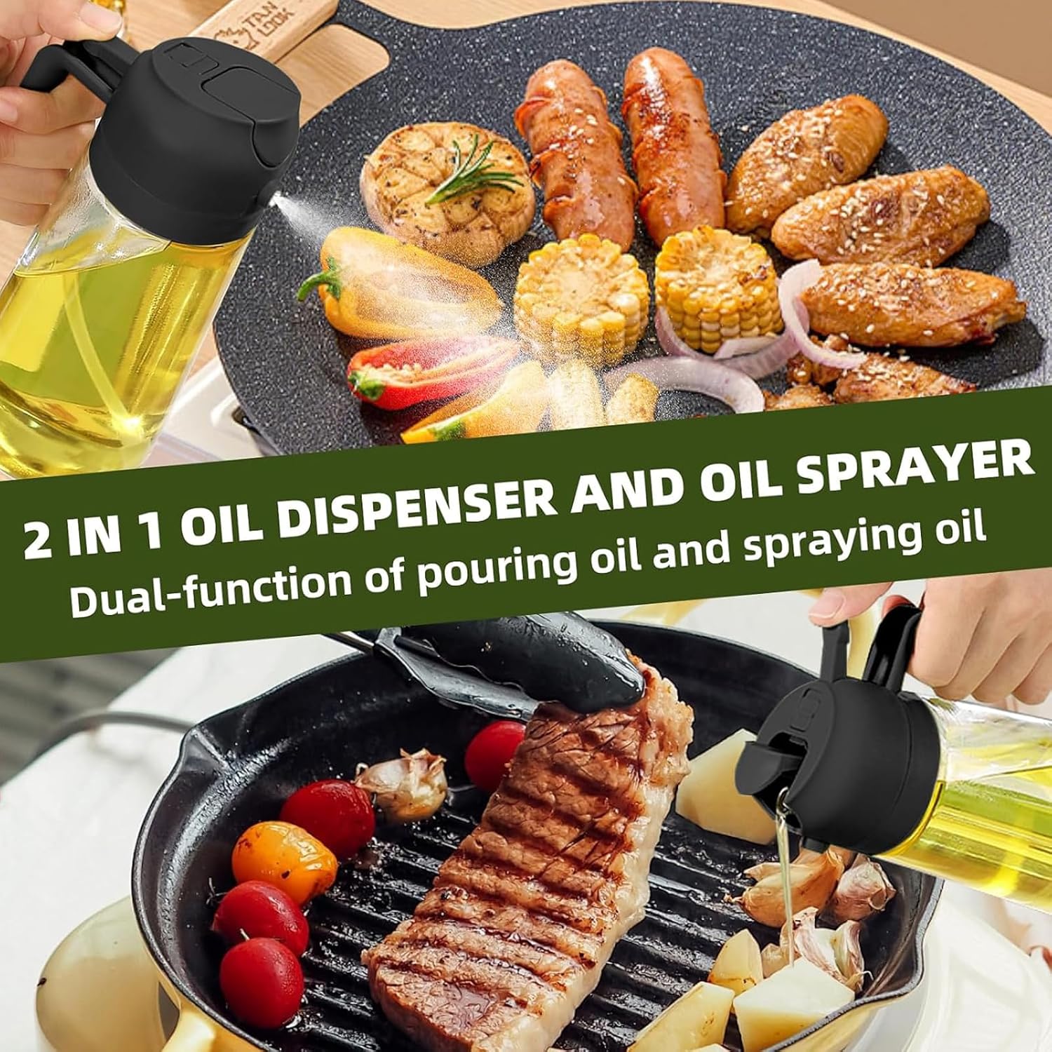 Thumbnail 6 de 2-in-1 Glass Oil Spray Bottle & Dispenser – 470ml Olive Oil Sprayer (2 Pack, Black & Green)