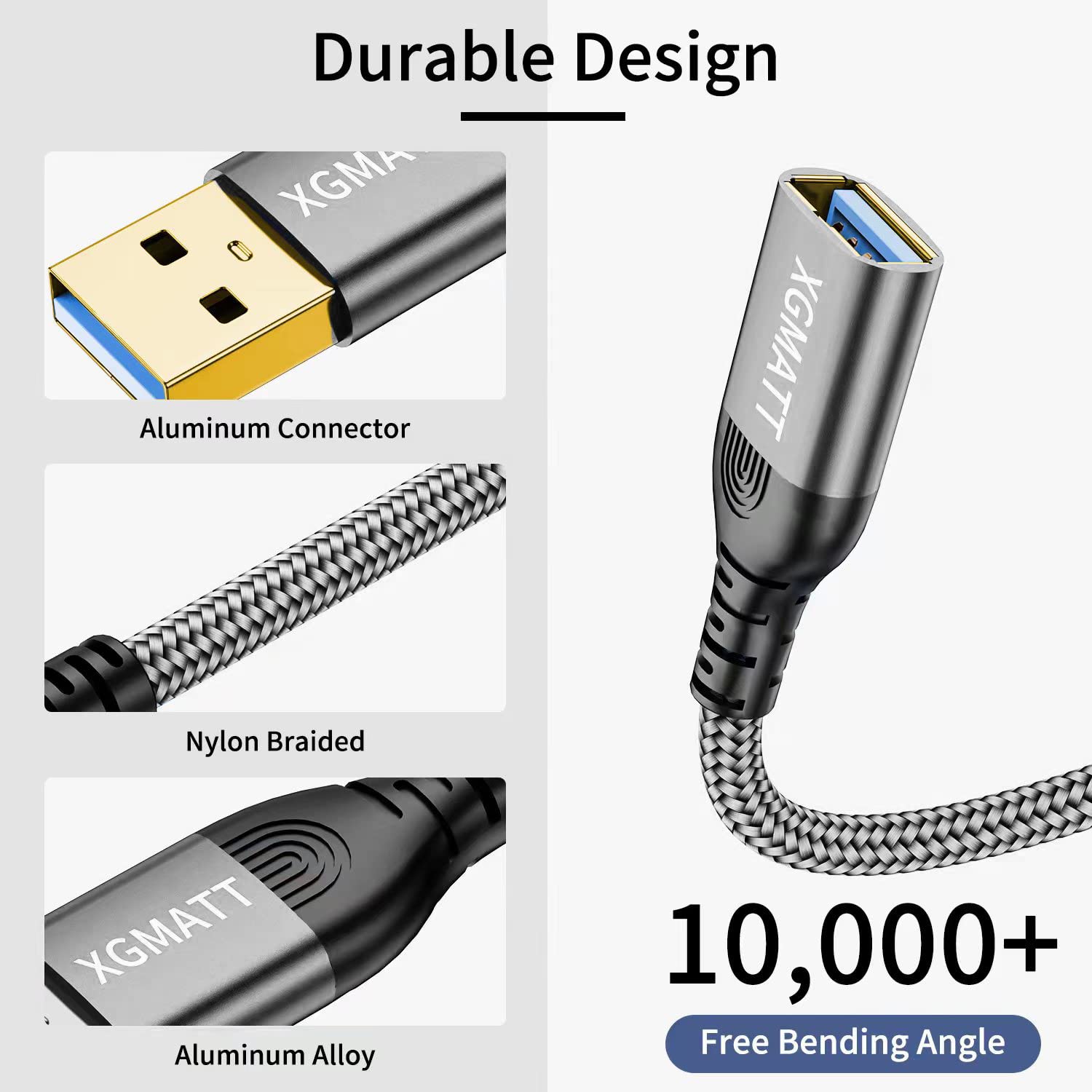 Detalle de XGMATT USB 3.0 Extension Cable (3m, 2-pack) Type A Male to Female, 5Gbps data sync