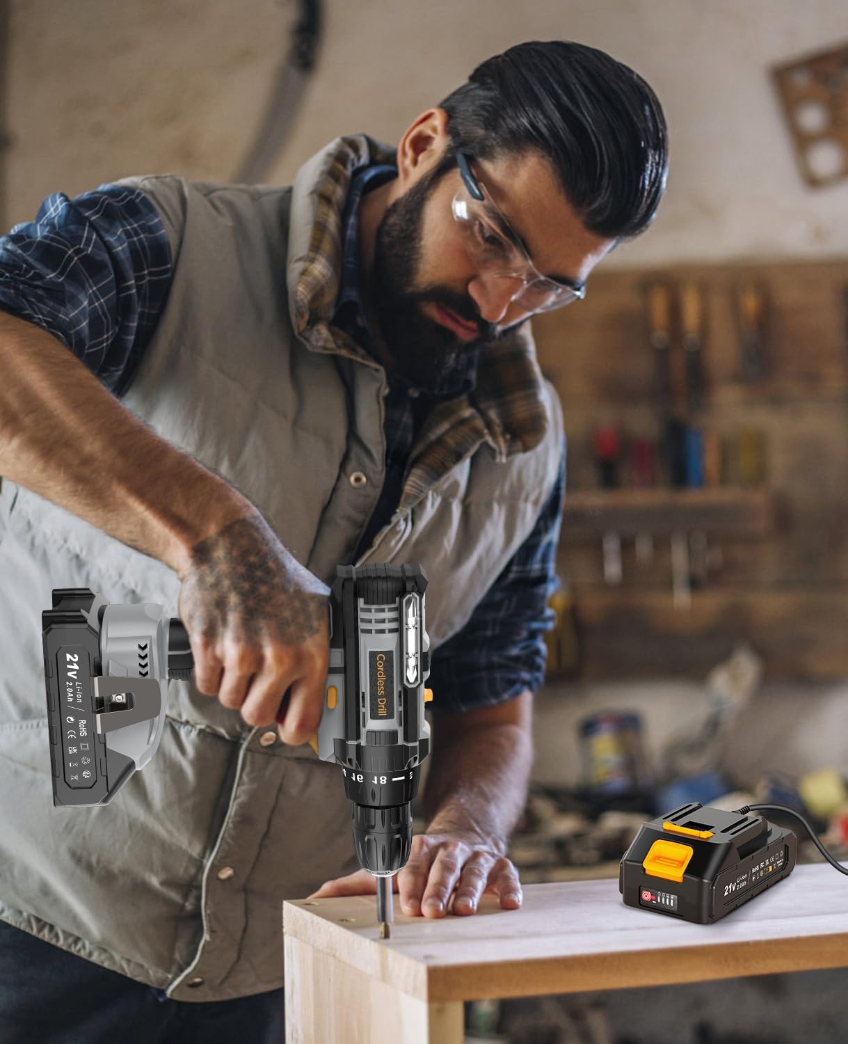 Thumbnail 5 de LEEIKOO Cordless Drill, 21V Electric Drill 42N.m with 2.0Ah Battery, Combi Set 10mm Chuck, 2 Speeds, 18+1 Torque, LED Light, 20pcs Drill Set for Garden DIY Project, Grey
LEEIKOO Cordless Drill, 21V Electric Drill 42N.m with 2…
