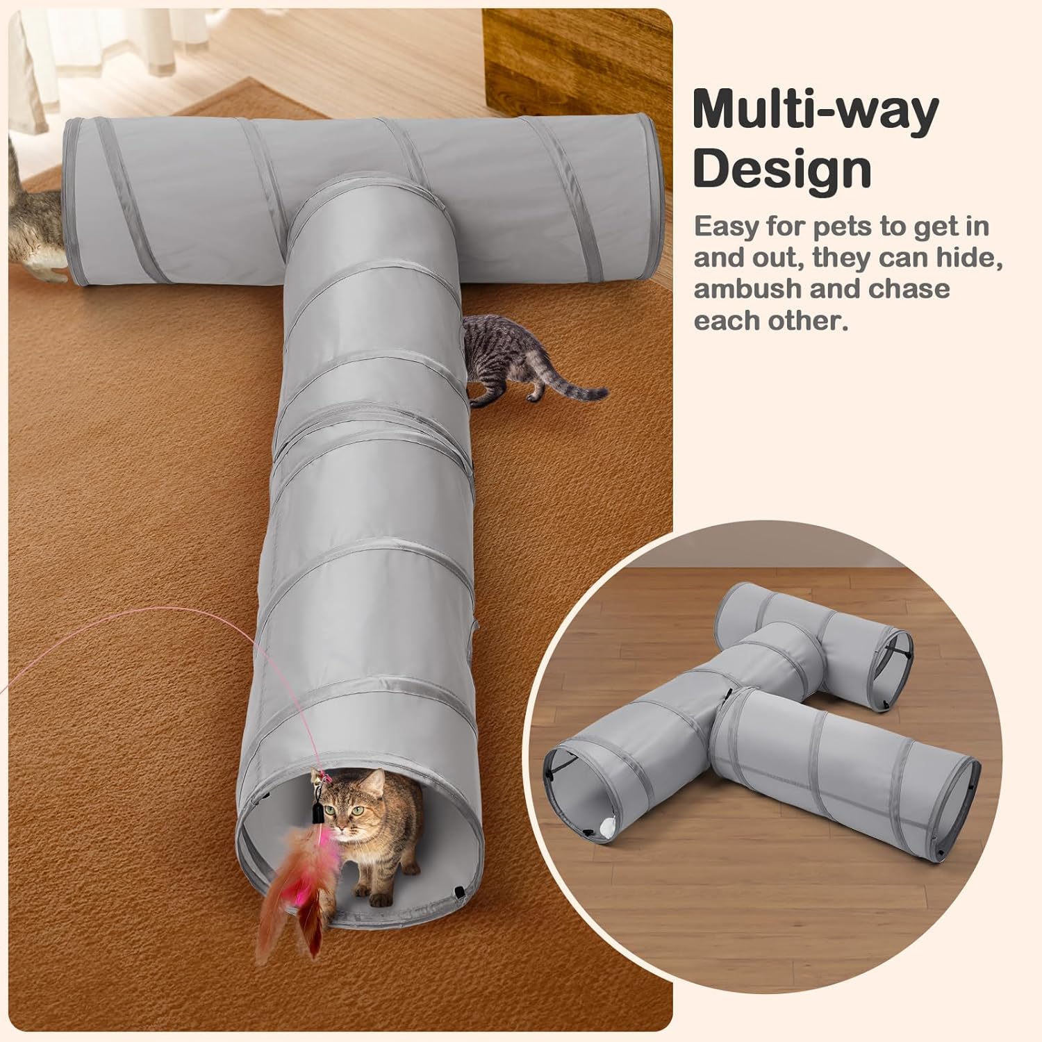 Thumbnail 3 de Odoland Large Cat Play Tunnels (3 Straight Tunnel DIY, Foldable, 90cm) – Grey
