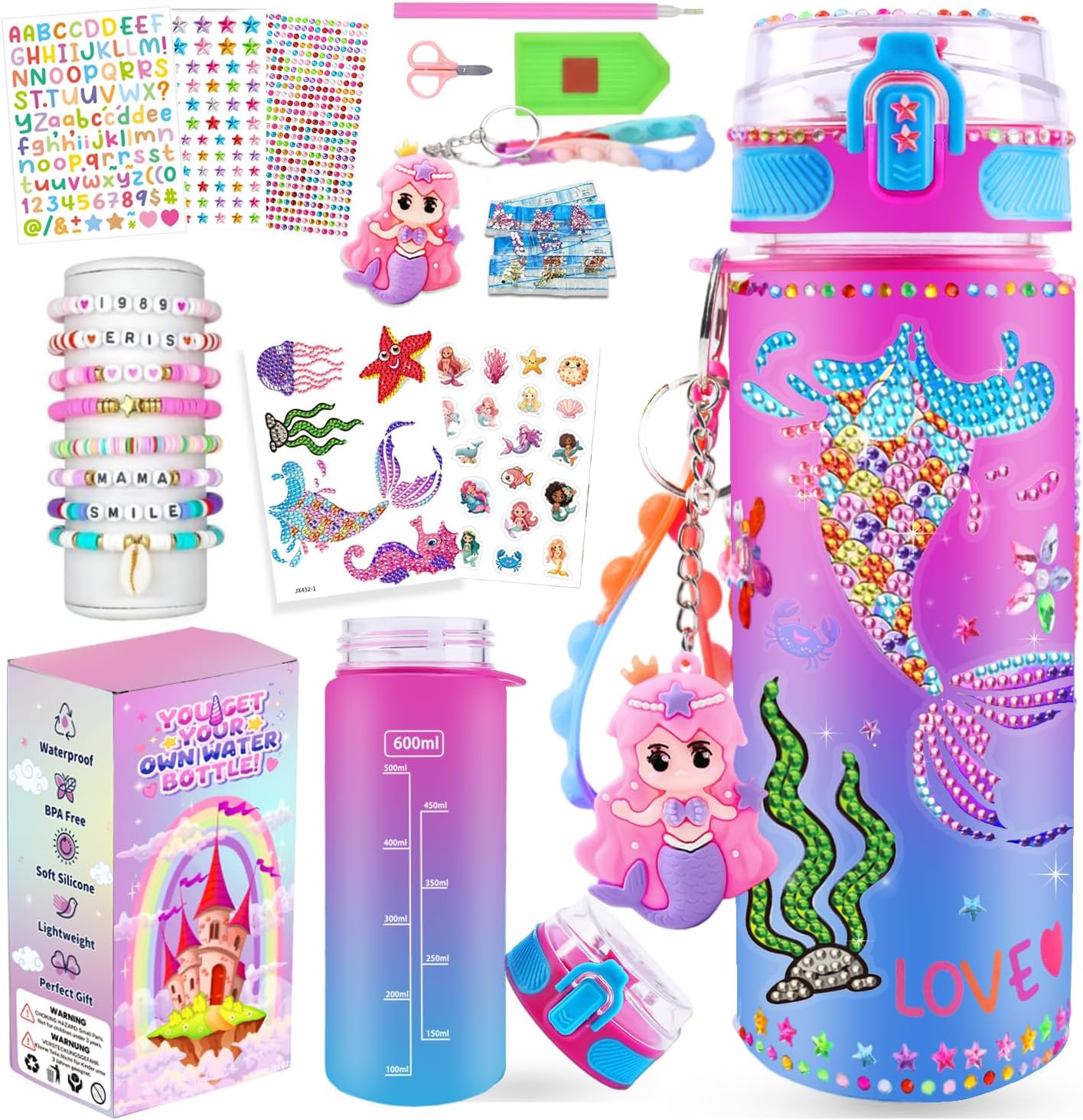 Sanilinwild Girls 600ml DIY Water Bottle Kit (Pink Unicorn) – Decorate Your Own Bottle with Friendship Bracelet Craft