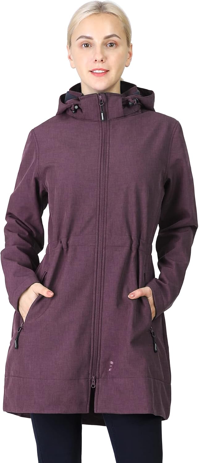 Detalle de Outdoor Ventures Damen Softshell Lange Jacke mit Kapuze – Fleece gefüttert, wind- und wasserdicht