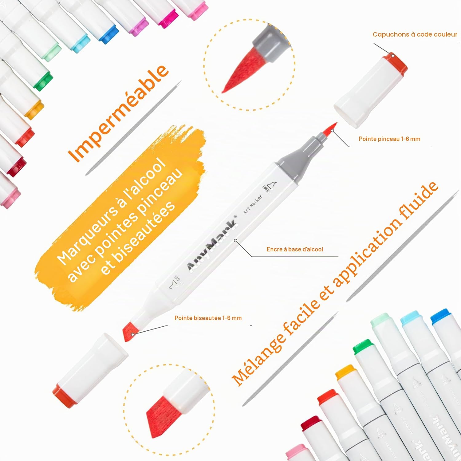 Detalle 2 de AnyMark Feutres à Alcool 120+1 Couleurs à Pointe Pinceau et Biseautée — Ensemble professionnel pour Manga et Illustration