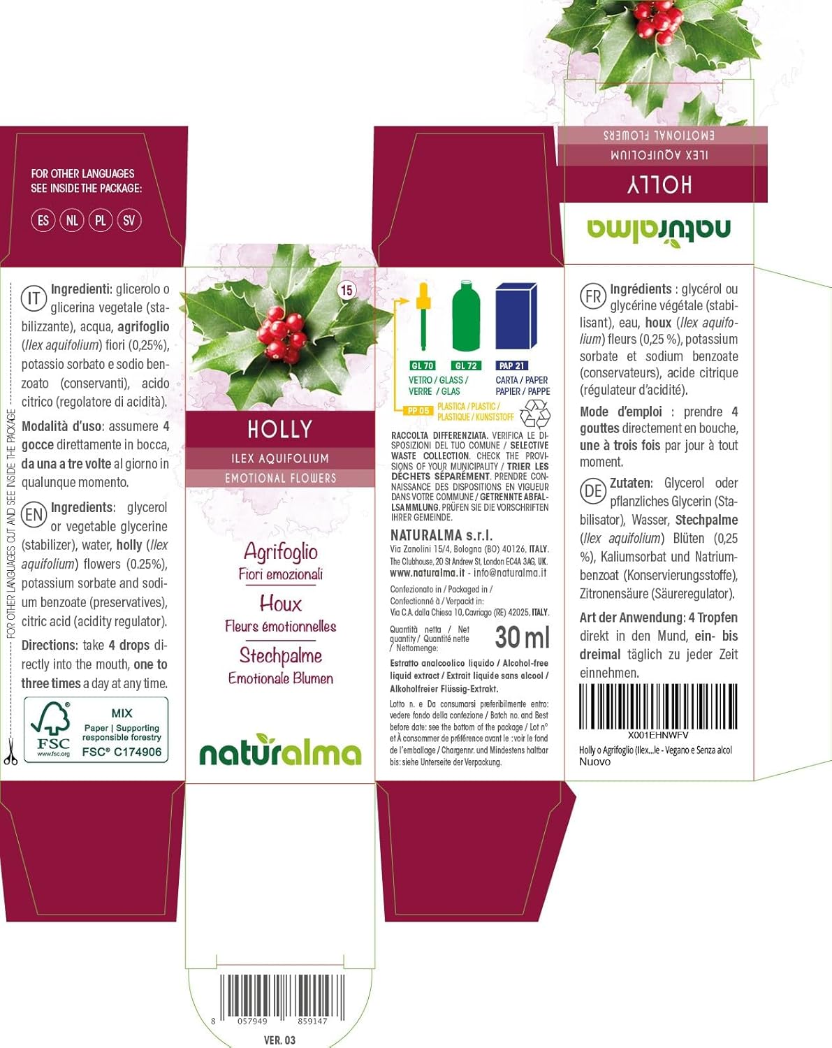 Detalle 2 de Holly o Agrifoglio (Ilex aquifolium) Fiori emozionali Naturalma in Gocce 30 ml – Estratto liquido analcolico