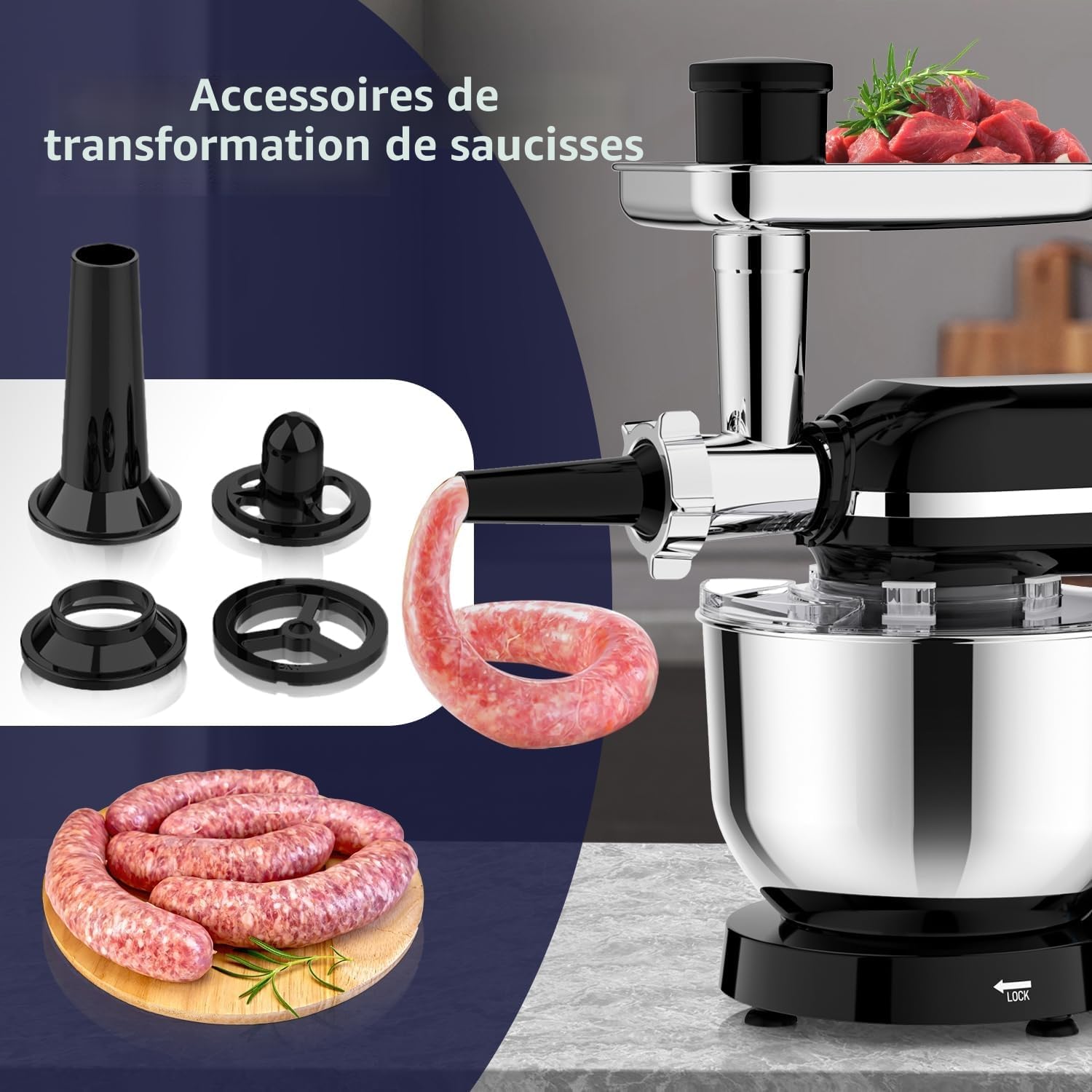 Thumbnail 6 de Homlee 3 en 1 Robot Patissier 2000W: robot multifonctions avec hachoir et presse-agrumes