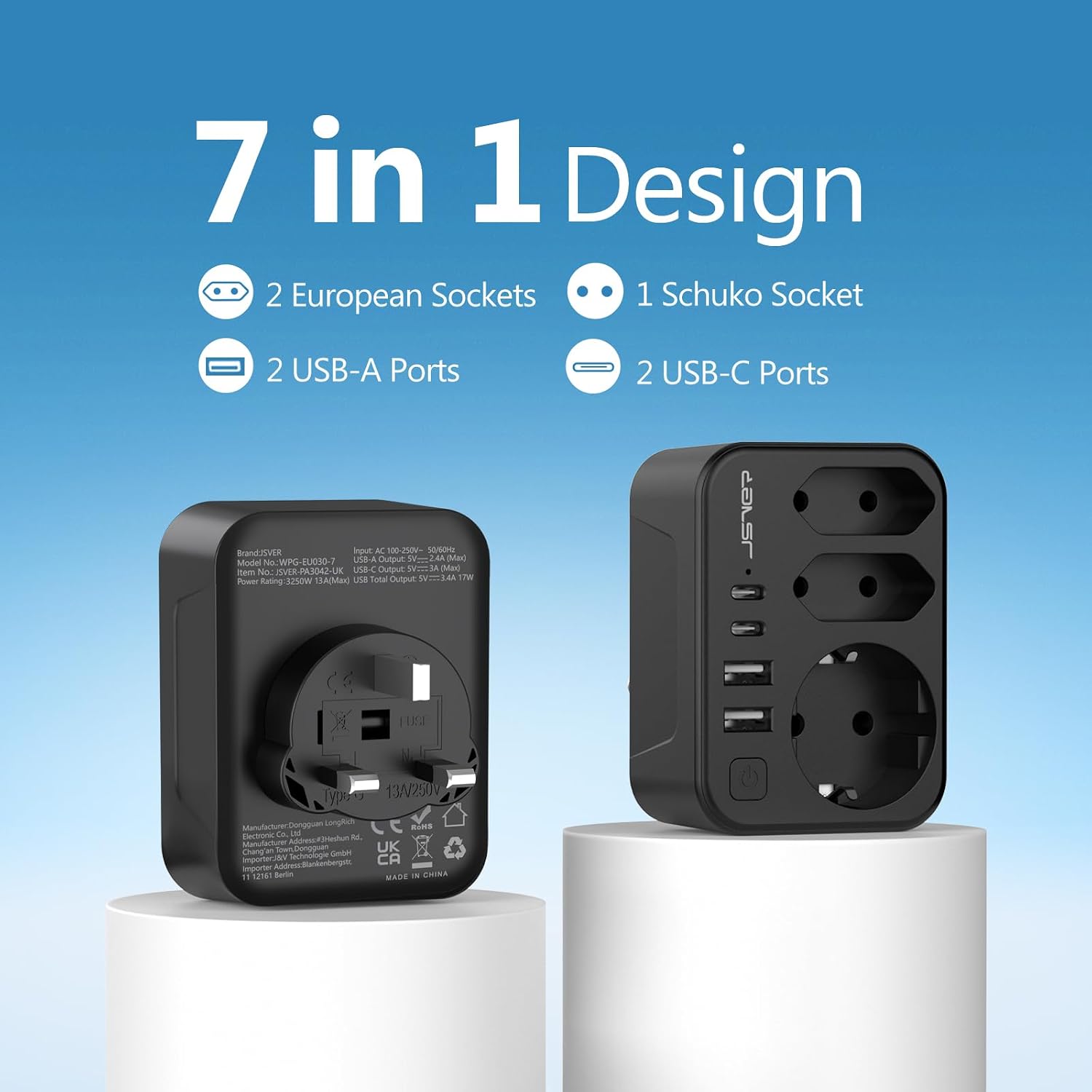 Detalle 2 de JSVER adattatore da viaggio 7 in 1 Schuko 15 W