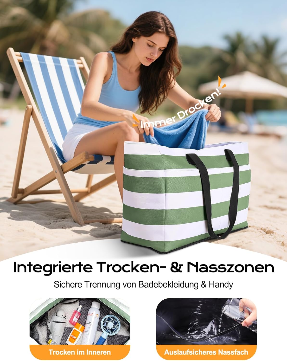 Detalle de CIRYCASE Strandtasche XXL Familie mit Kühlfach – 54L, 2-in-1, wasserfest und faltbar