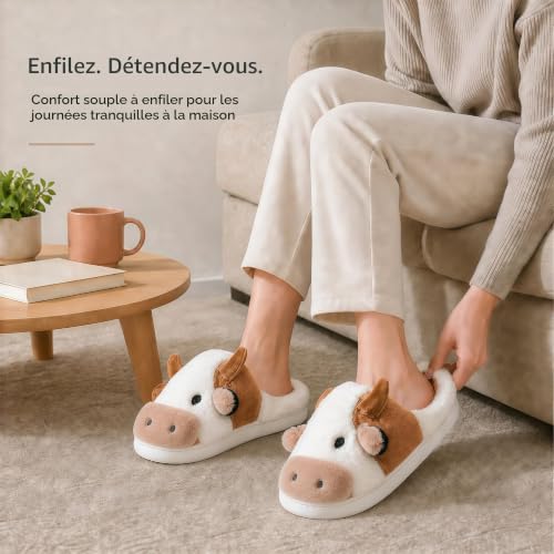 Detalle de Fadezar Chaussons fantaisie requin/vache, doublure peluche et semelle antidérapante