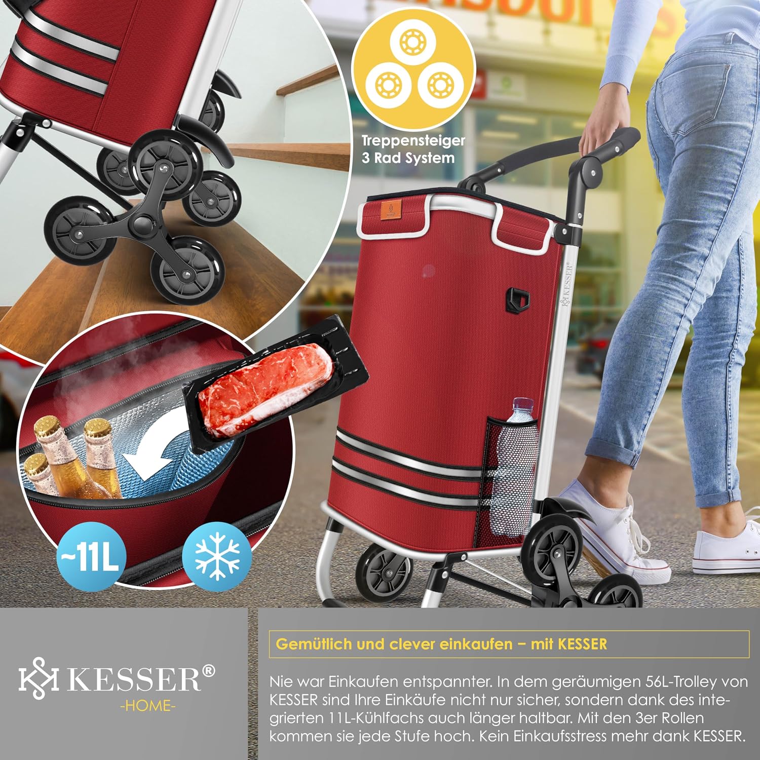 Thumbnail 5 de KESSER® Einkaufstrolley Treppensteiger mit Kühlfach, klappbar (56 l, bis 50 kg) – 3in1 Trolley & Umhängetasche, Bordeaux