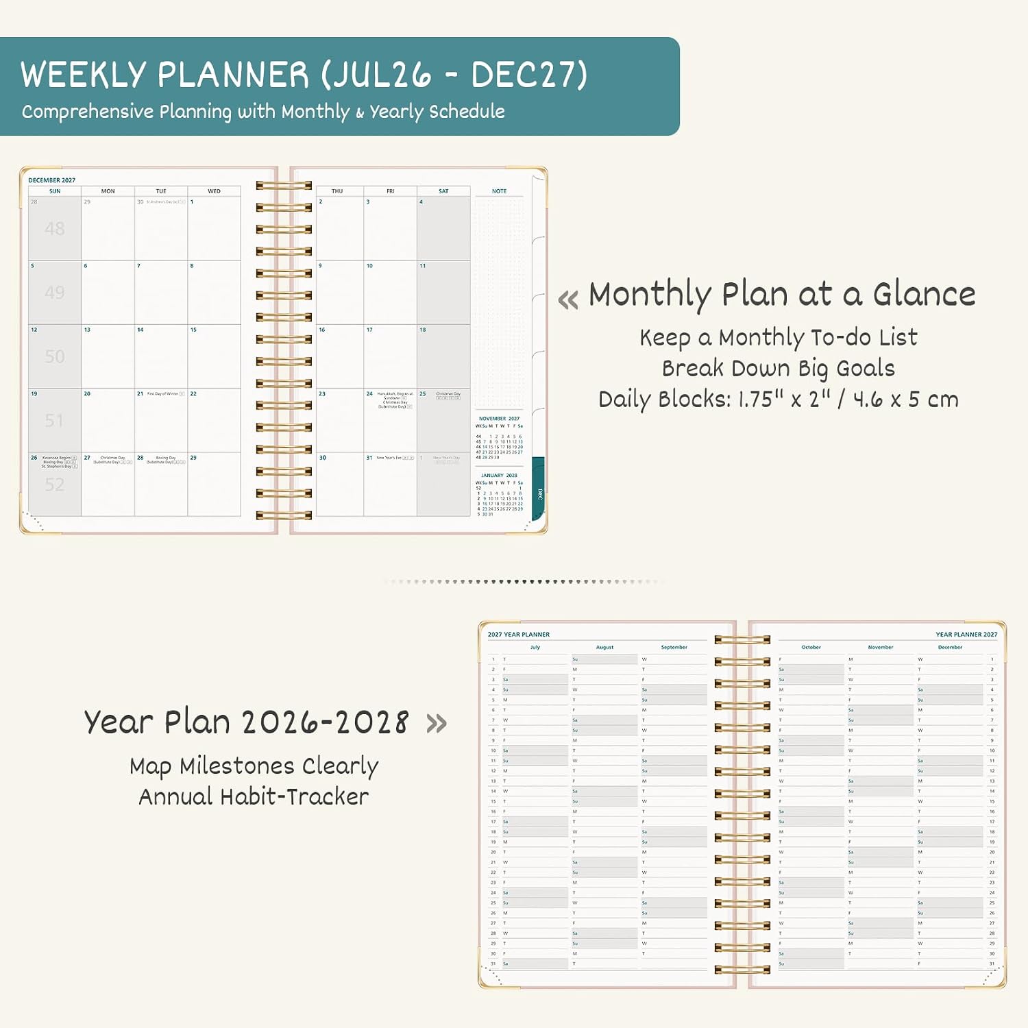 Detalle 2 de BEZEND A5 Academic Diary 2026-2027: Week to View, Floral Pink Hardcover