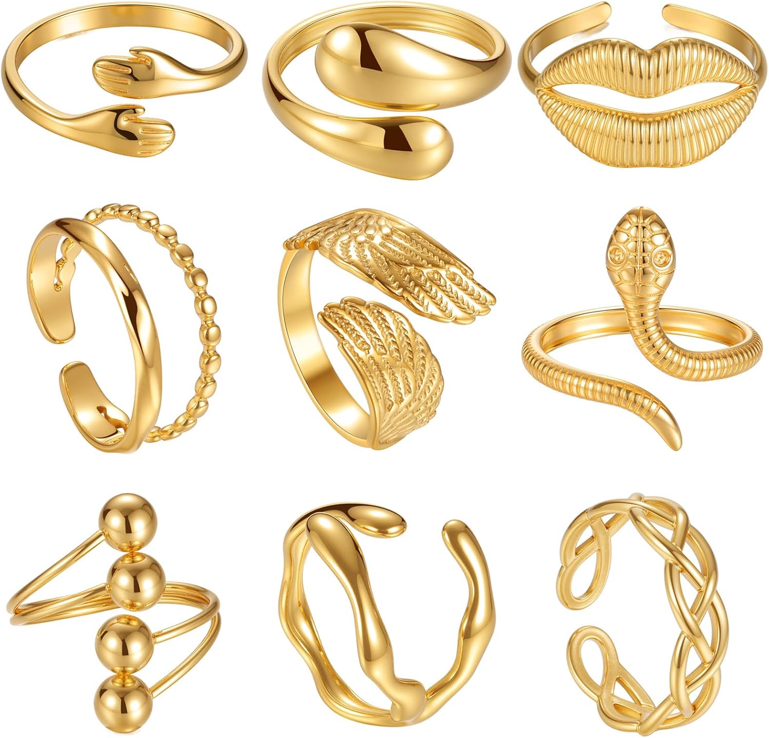 Thumbnail 6 de TIZU 9-teiliges Damen-Ring-Set „Gold“ aus Edelstahl, 18K Goldplattierung, verstellbar & wasserfest