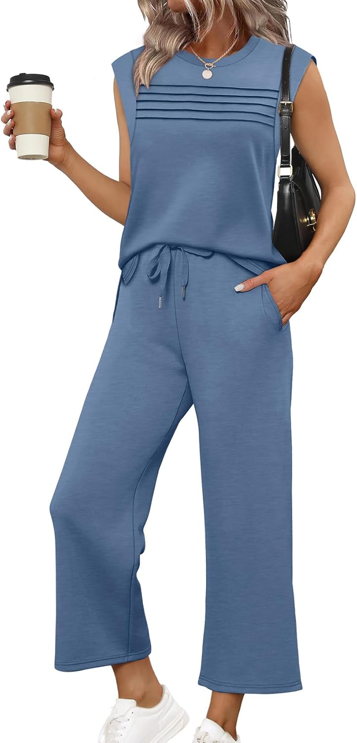 Detalle de WIHOLL Two-Piece Set for Women: Summer/Spring Lounge Outfit with Cap Sleeve Top & Wide-Leg Cropped Pants
