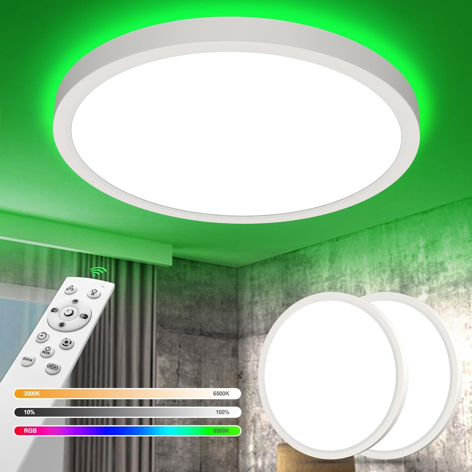 Thumbnail 6 de YiLaie 24W LED-Deckenleuchte mit RGB-Farbwechsel, dimmbar (3000K–6500K) und 2,4G-Fernbedienung, Ø30 cm, IP44