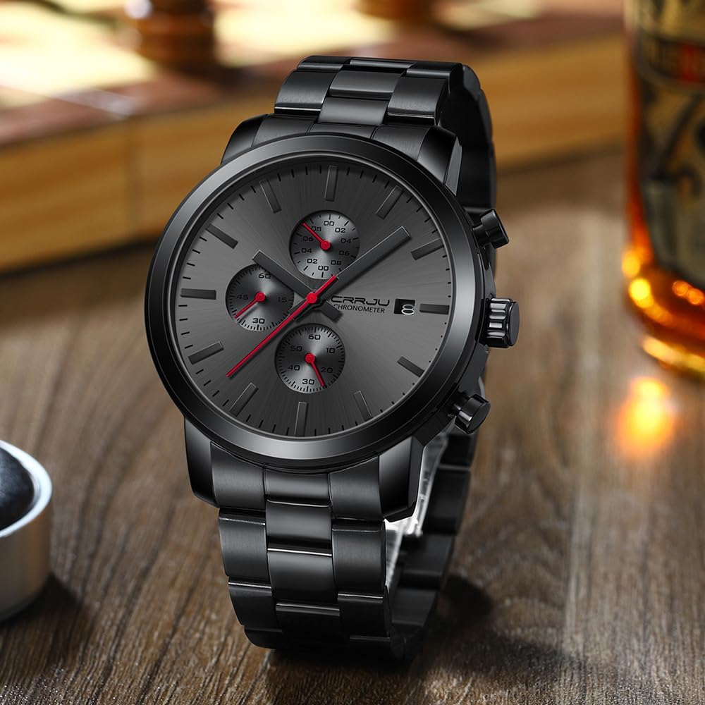 Detalle de CRRJU Herren Chronograph Schwarz Edelstahl – Quarz, Datum, Stoppuhr, 45 mm