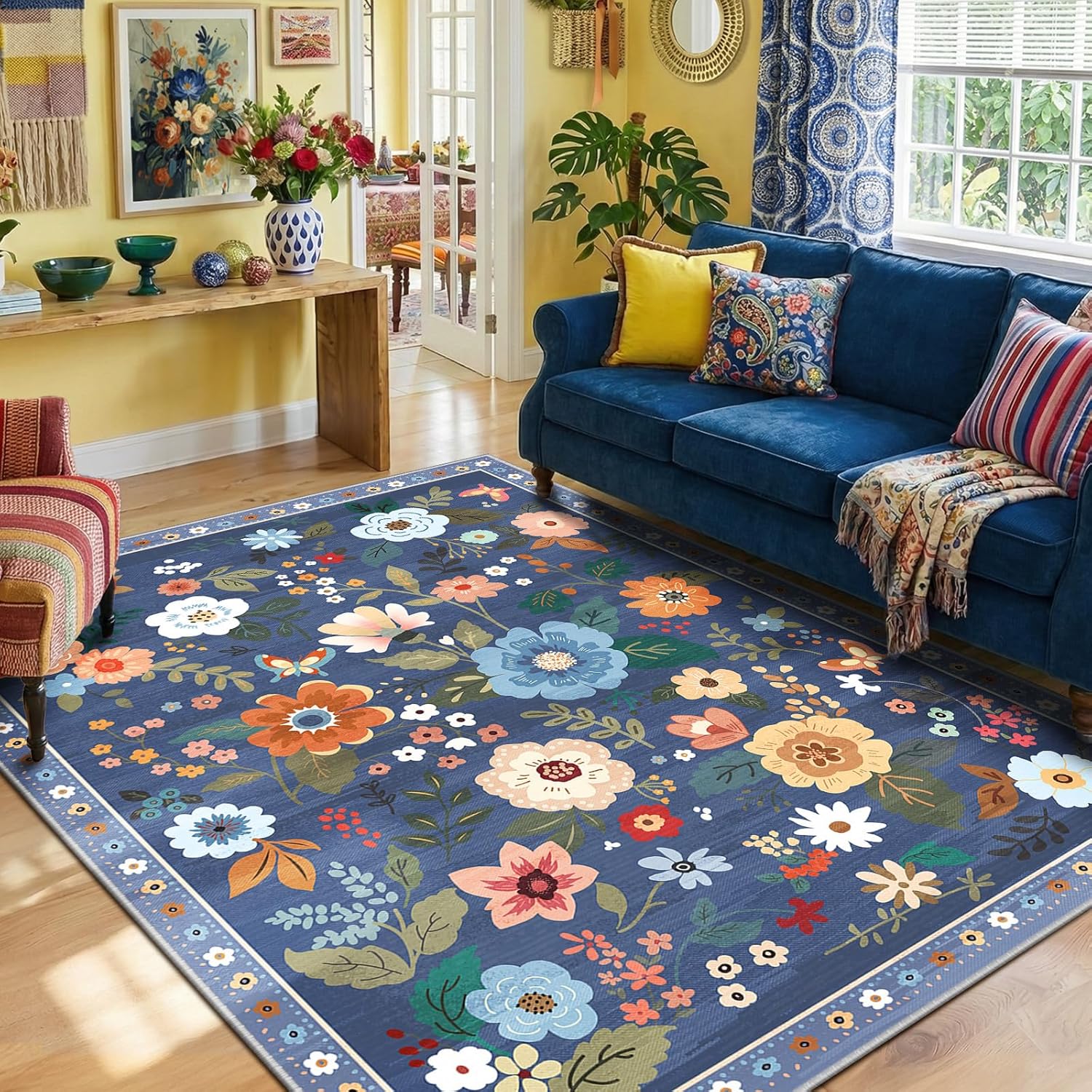 Thumbnail 1 de RELEANY Floral 5x7 Area Rug — Machine Washable, Non-Slip, Low-Pile Boho Floral