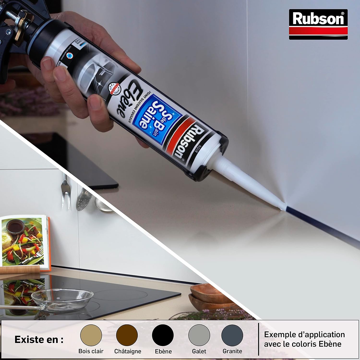 Detalle 2 de Rubson Mastic Salle de bain Saine Couleur « Bois Clair » beige 280 ml – joint silicone sanitaire multi-matériaux antifongiques