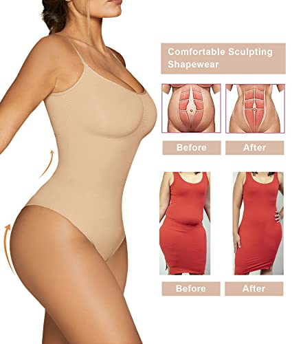 Detalle de SHAPERX Body moldeador mujer Shapewear con control de abdomen y tirantes ajustables (posparto) – Beige
