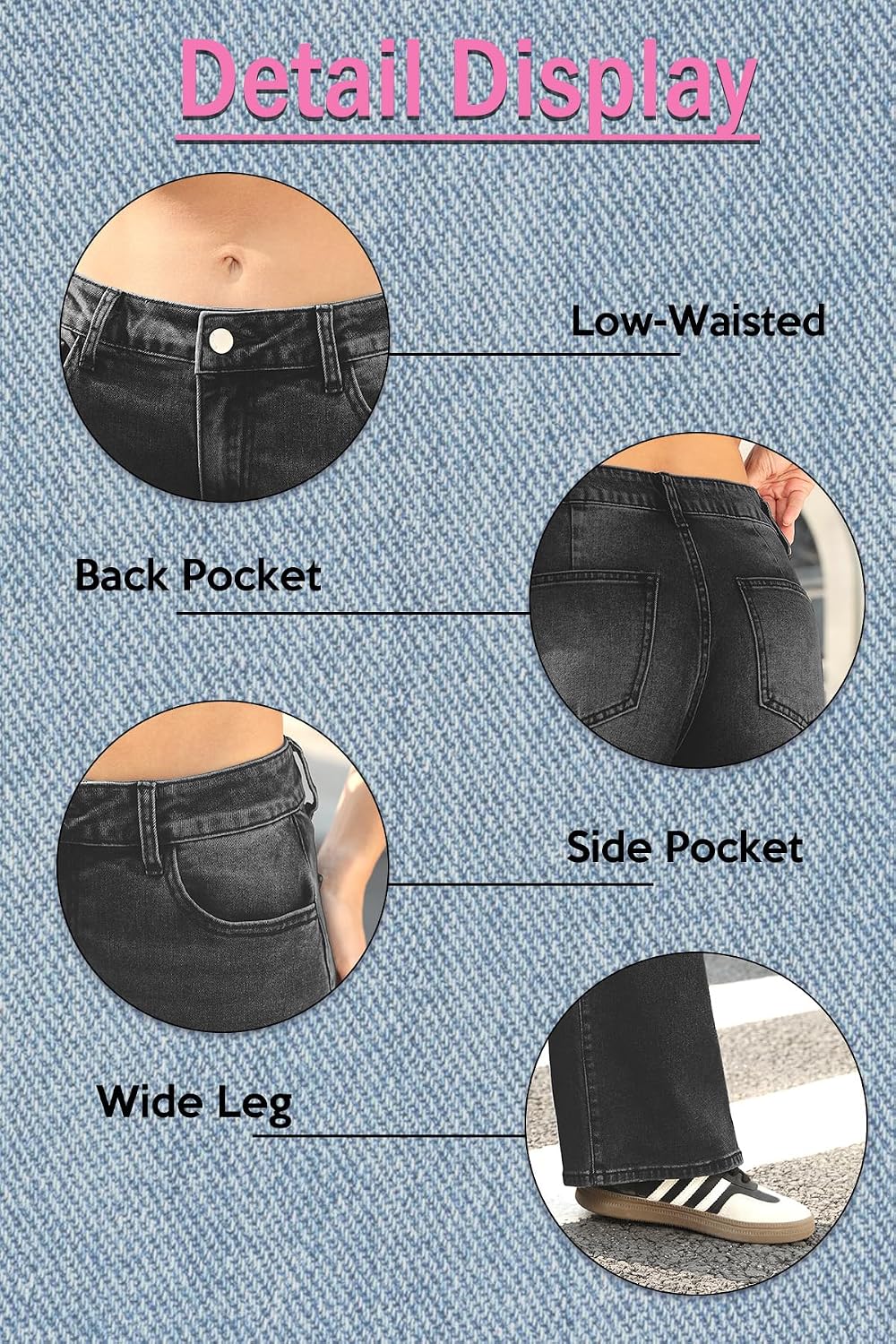 Detalle 1 de ELLEVEN Low-Rise Baggy Jeans for Women, Stretch Denim, Wide Leg