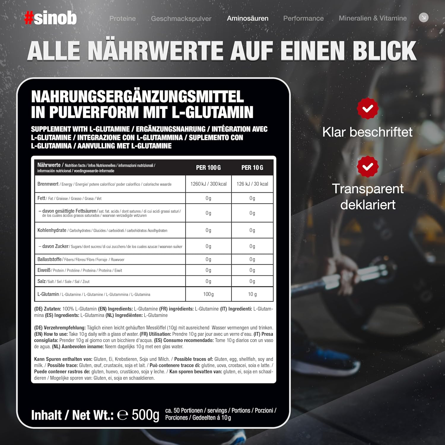 Detalle de Glutamin 100% Pulver 500 g đź§Ş