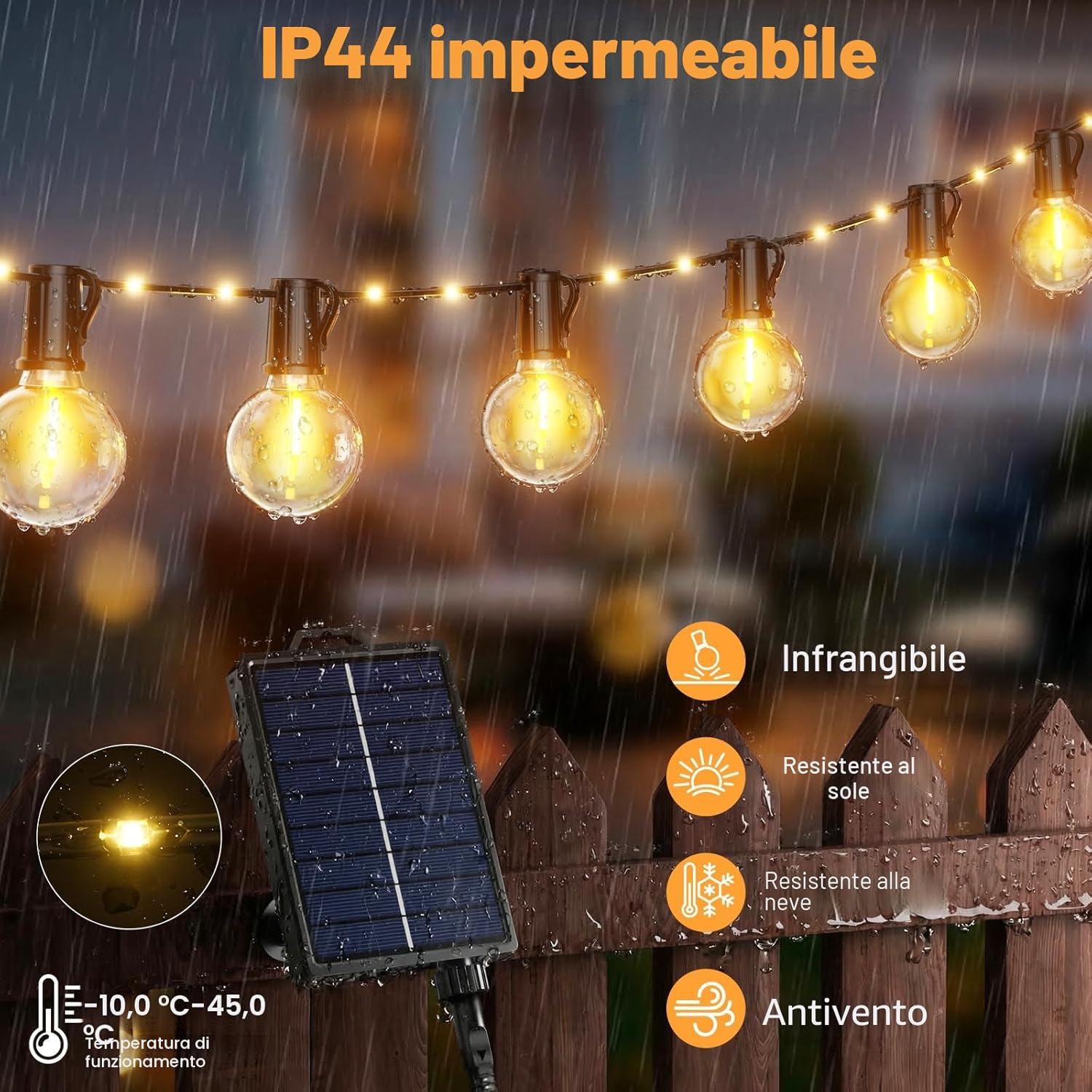 Detalle 2 de Catena Luminosa Solare per Esterno 12 M - 14+1 G40 LED, 19 Modalità, IP44, USB, Telecomando