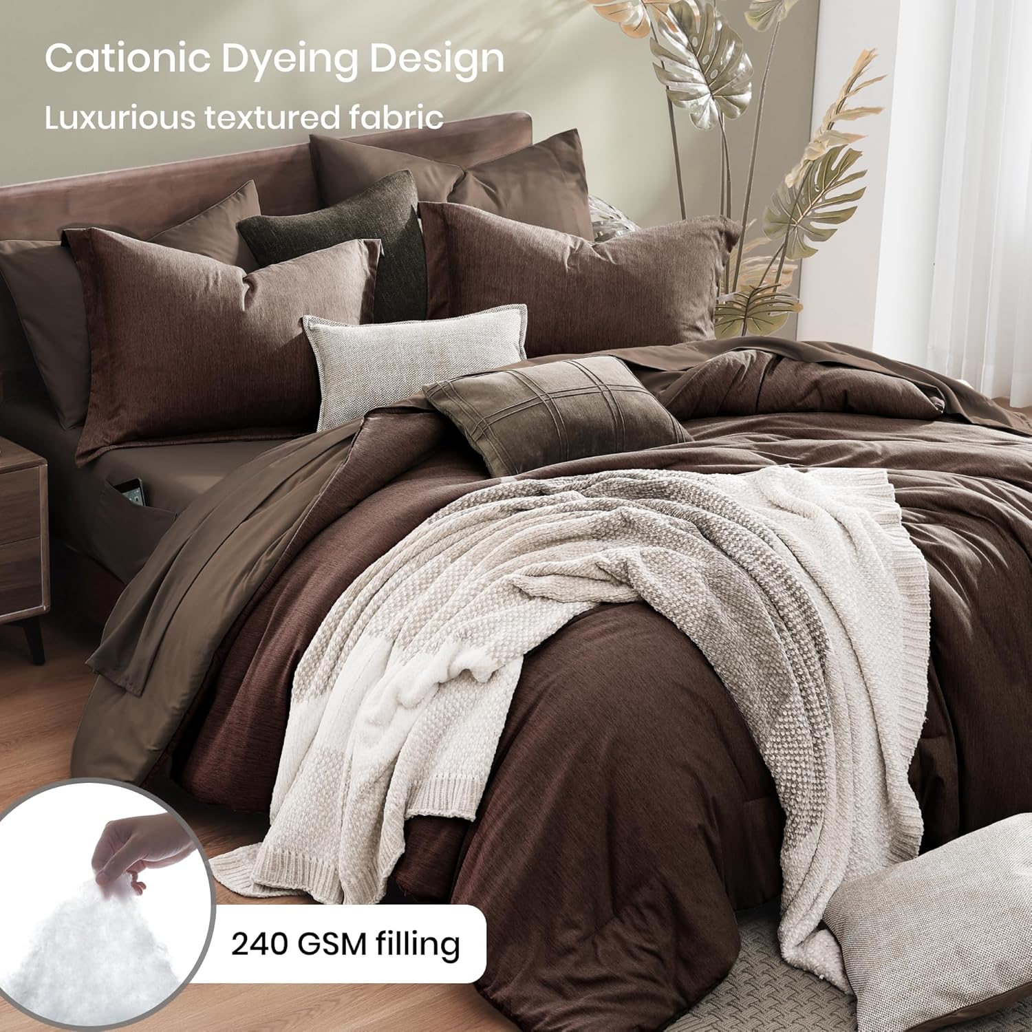 Detalle de Monbix Full Size Comforter Set, Chocolate Brown Reversible Polyester Bedding