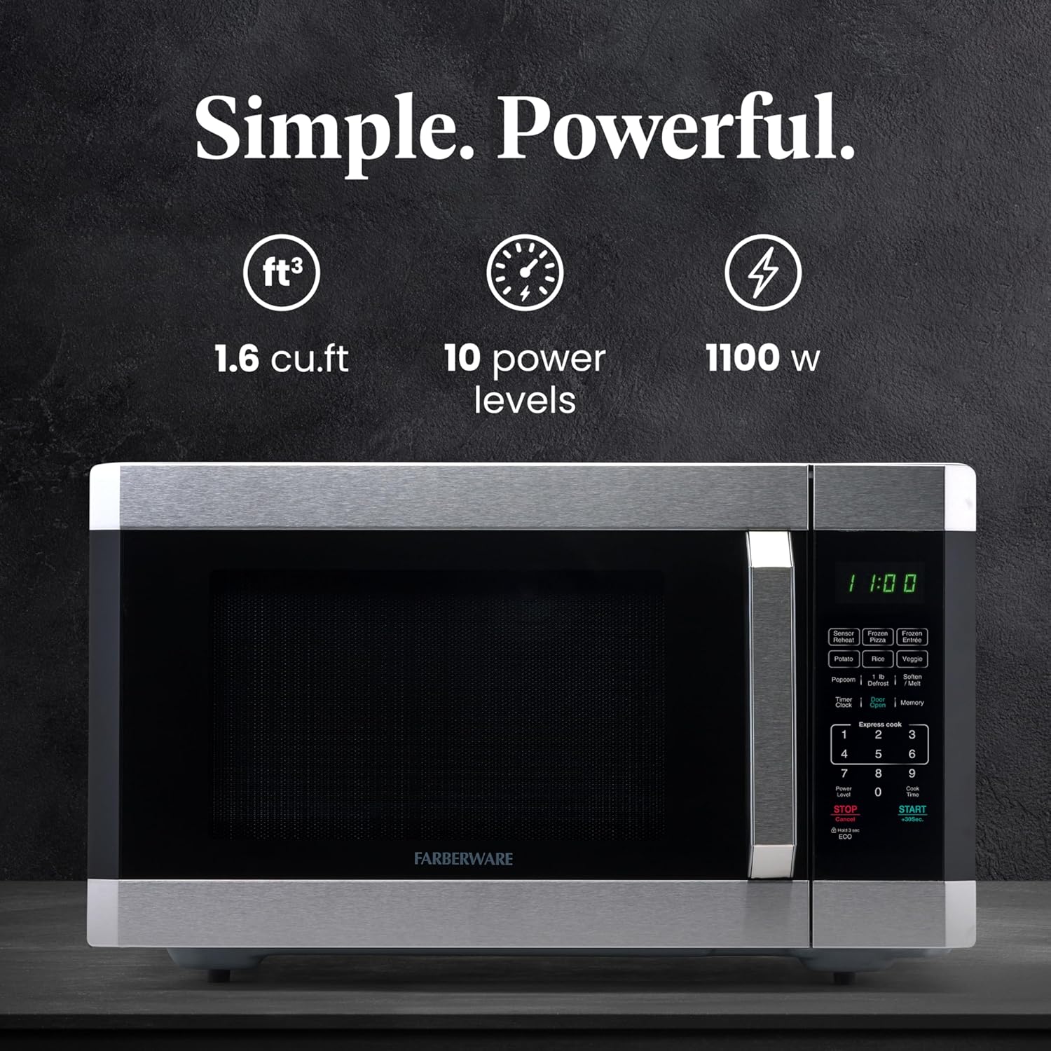 Detalle de Farberware 1.6 Cu. Ft. Countertop Microwave Oven — 1100 Watts, Smart Sensor Auto Cook, Defrost, Easy Clean, Child Safety Lock