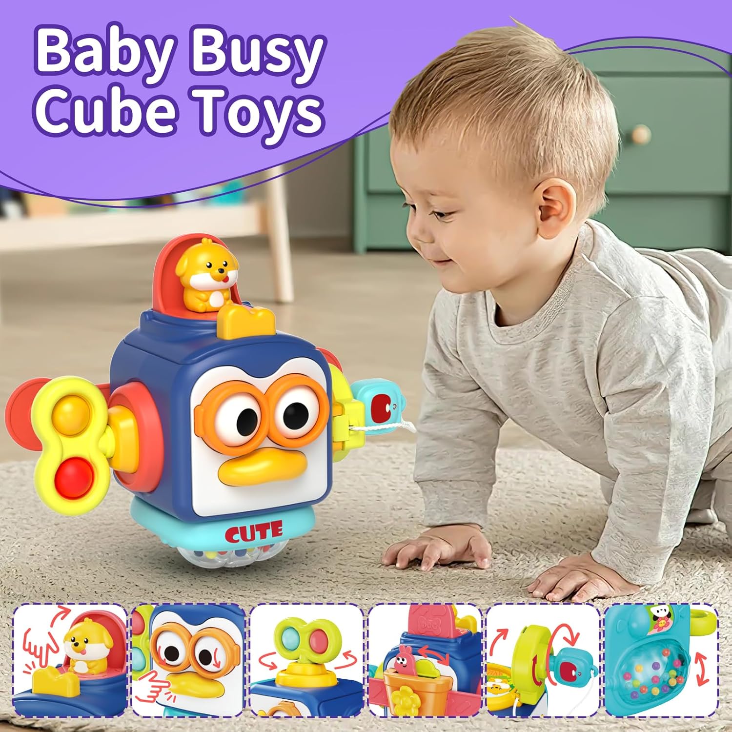 Thumbnail 2 de usrela 4-in-1 Baby Toys for 6-12-18 Months: Busy Cube, Stacking Sorter, Piano Xylophone & Pull String Travel Toy