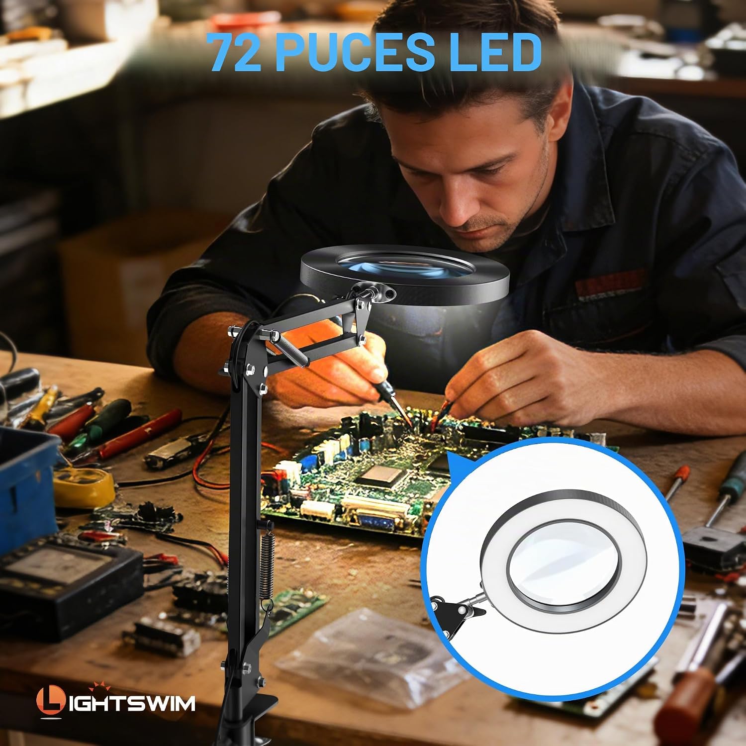 Thumbnail 2 de Lampe de bureau à LED 10x avec pince et loupes 30x/45x – éclairage réglable et mains libres