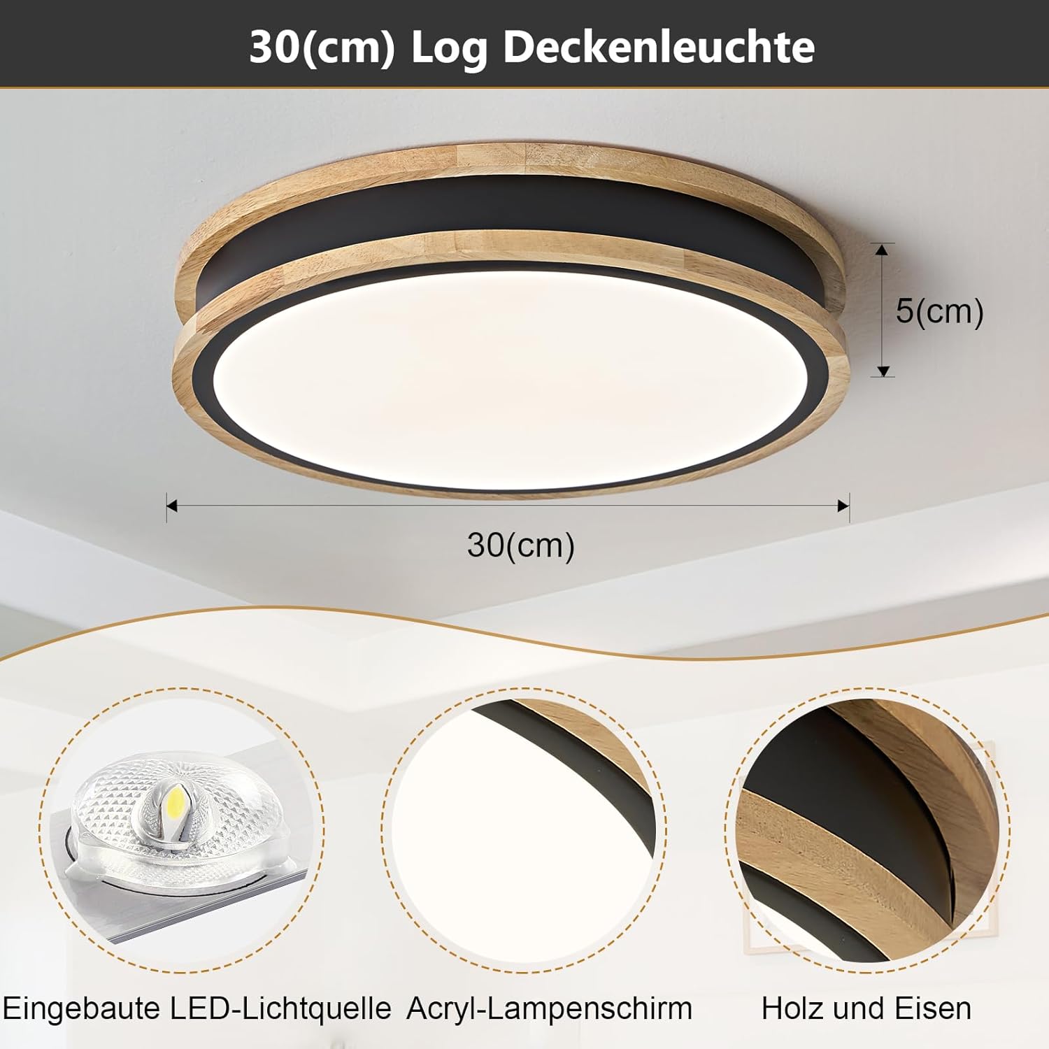 Detalle de Vikaey Plafonnier LED en bois noir 30 cm – 24 W, lumière 4000 K