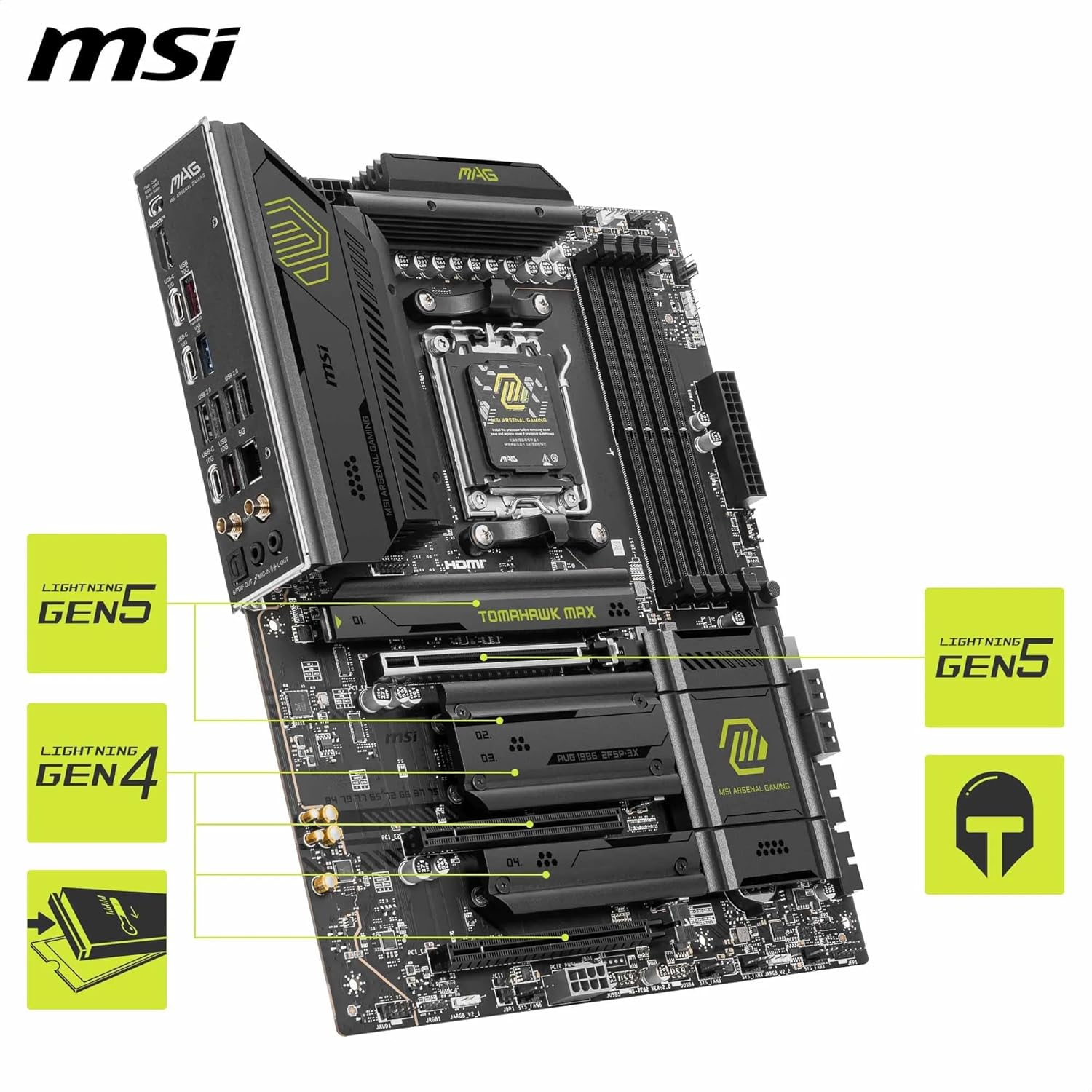 Detalle de MSI MAG B850 TOMAHAWK MAX WIFI (ATX) AM5 motherboard with Wi‑Fi 7 and 5G LAN