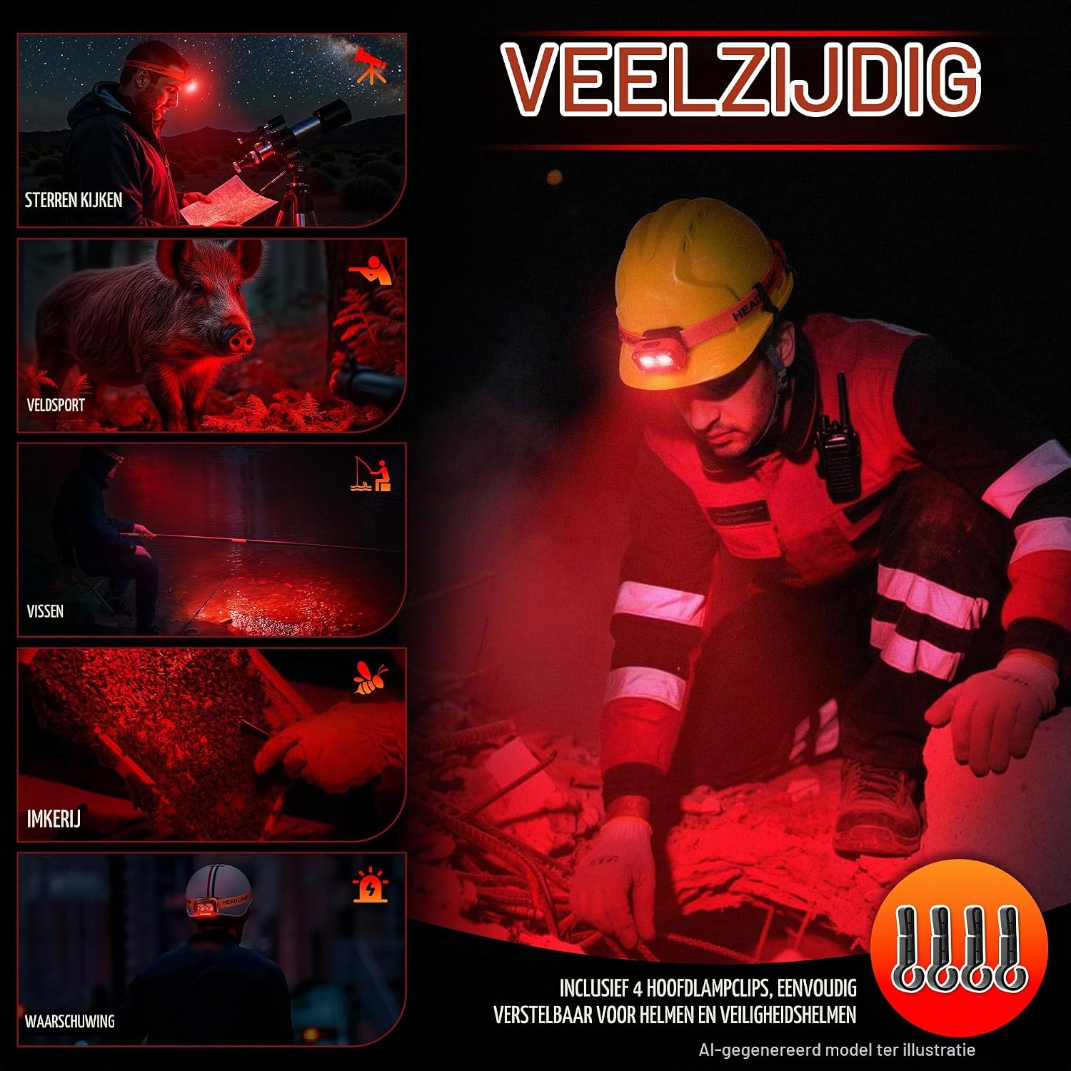 Detalle 2 de DARKBEAM F01-RR rode LED-hoofdlamp met bewegingssensor en USB-C