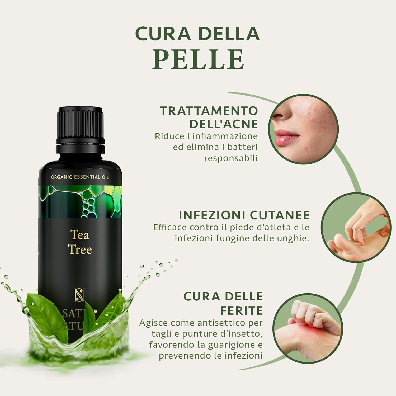 Detalle de Satin Naturel Tea Tree Oil Puro 100 ml: olio essenziale biologico e vegano per diffusori e cura della pelle