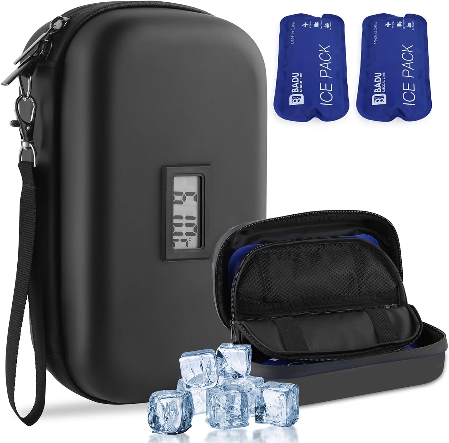 Detalle de HIMDUZE Insulin Cooler Bag travel case with temperature display, TSA-approved ice packs