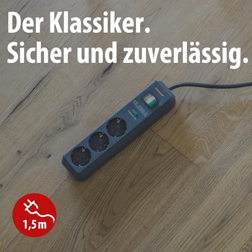Detalle de Brennenstuhl Eco-Line 3er-Steckdosenleiste mit Überspannungsschutz – 1,5 m Kabel, beleuchteter Schalter